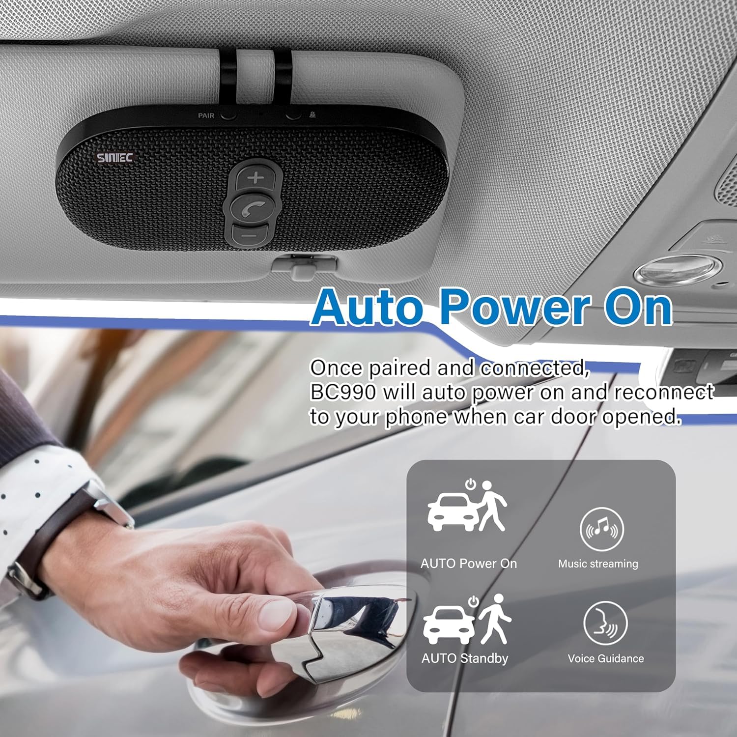 Manos Libres Coche Bluetooth 5.1 con Siri Asistente,Indicaciones de Voz,Conexión de 2 Teléfonos Simultáneamente,6W Altavoz Inalámbrico con Clip de Visera-BC990P
