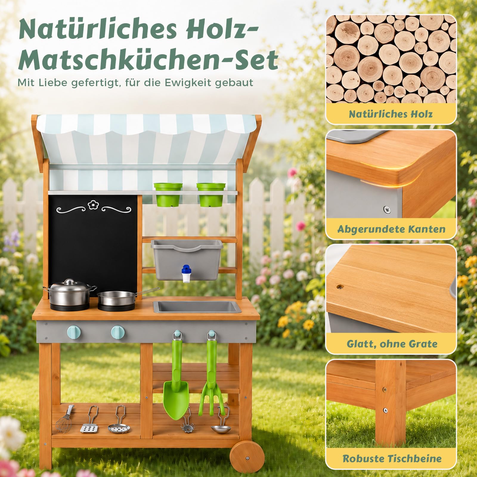Matschküche Kinder Outdoor Holz mit Wasserdichtem Dach & Rädern, Kinderküche mit Wassertank Wasserhahn Kreidetafel & Spielküche Zubehör Set, Matschtisch Mud Kitchen Gartenspielzeug für Jungen Mädchen