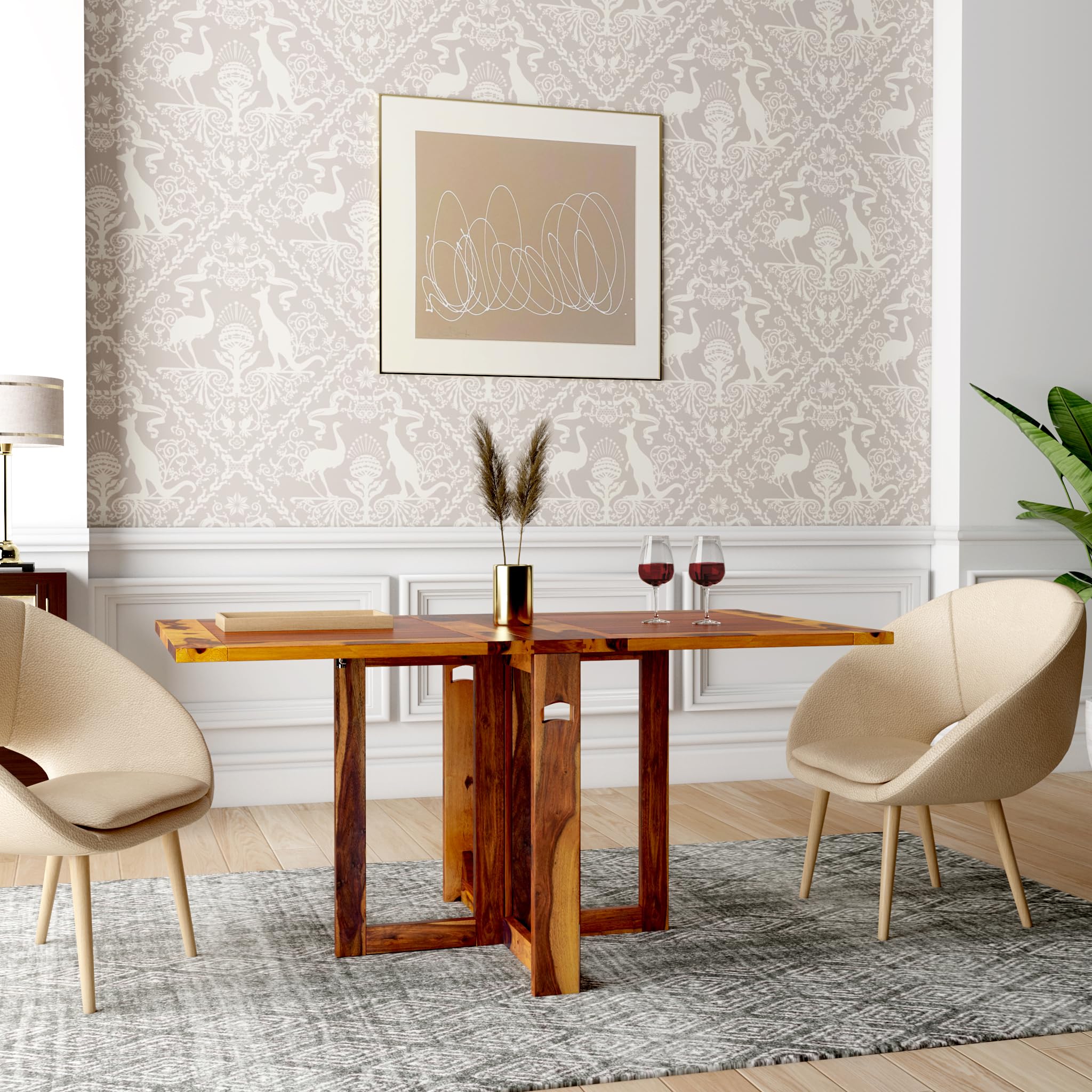 ANGEL FURNITURE Solid Sheesham Wood Foldable Dining Table Compact Design (Plain Top, Honey Finish)