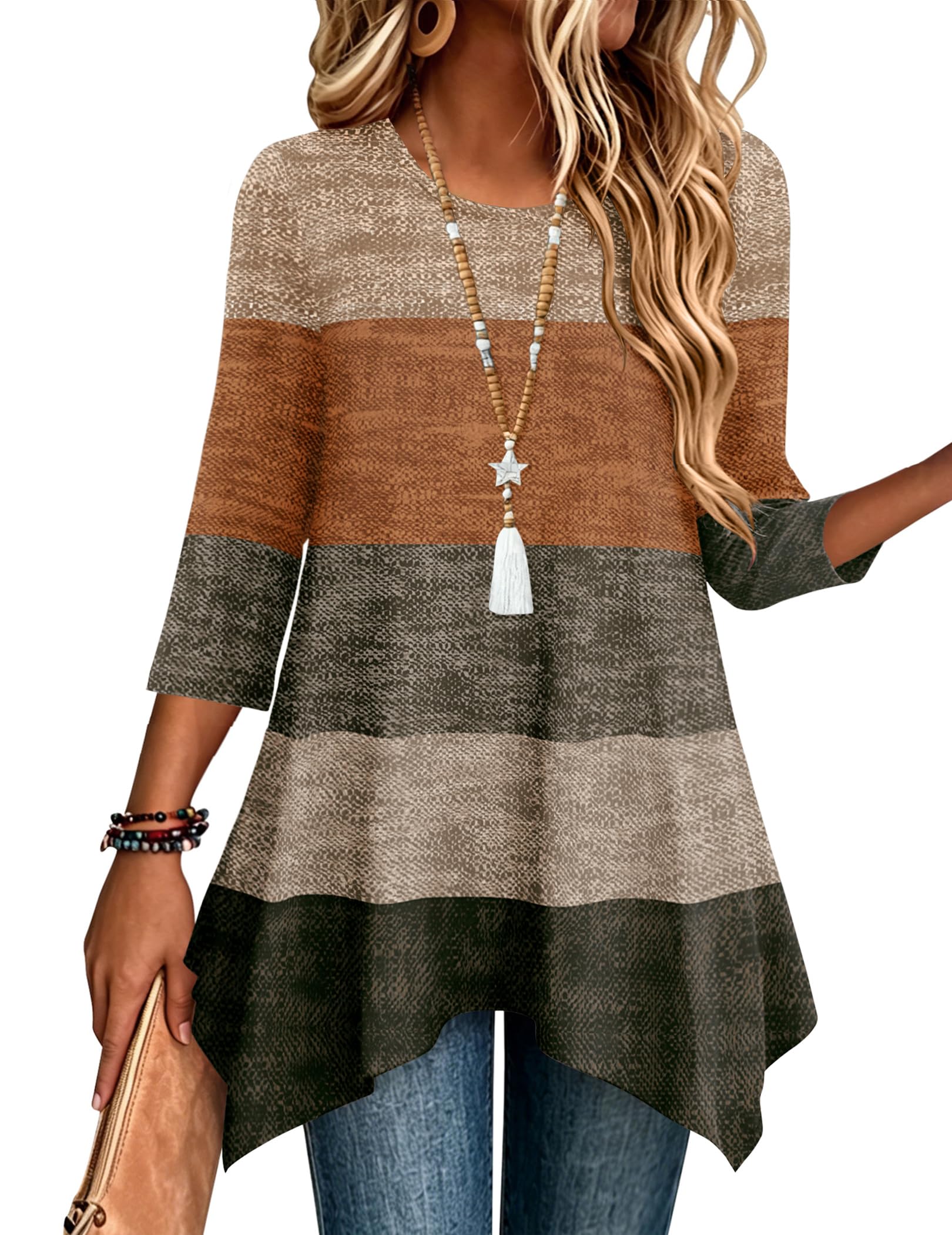 Zeagoo Womens Tops 3/4 Sleeve Loose Fit Dressy Tunics Plus Size Boho Shirts