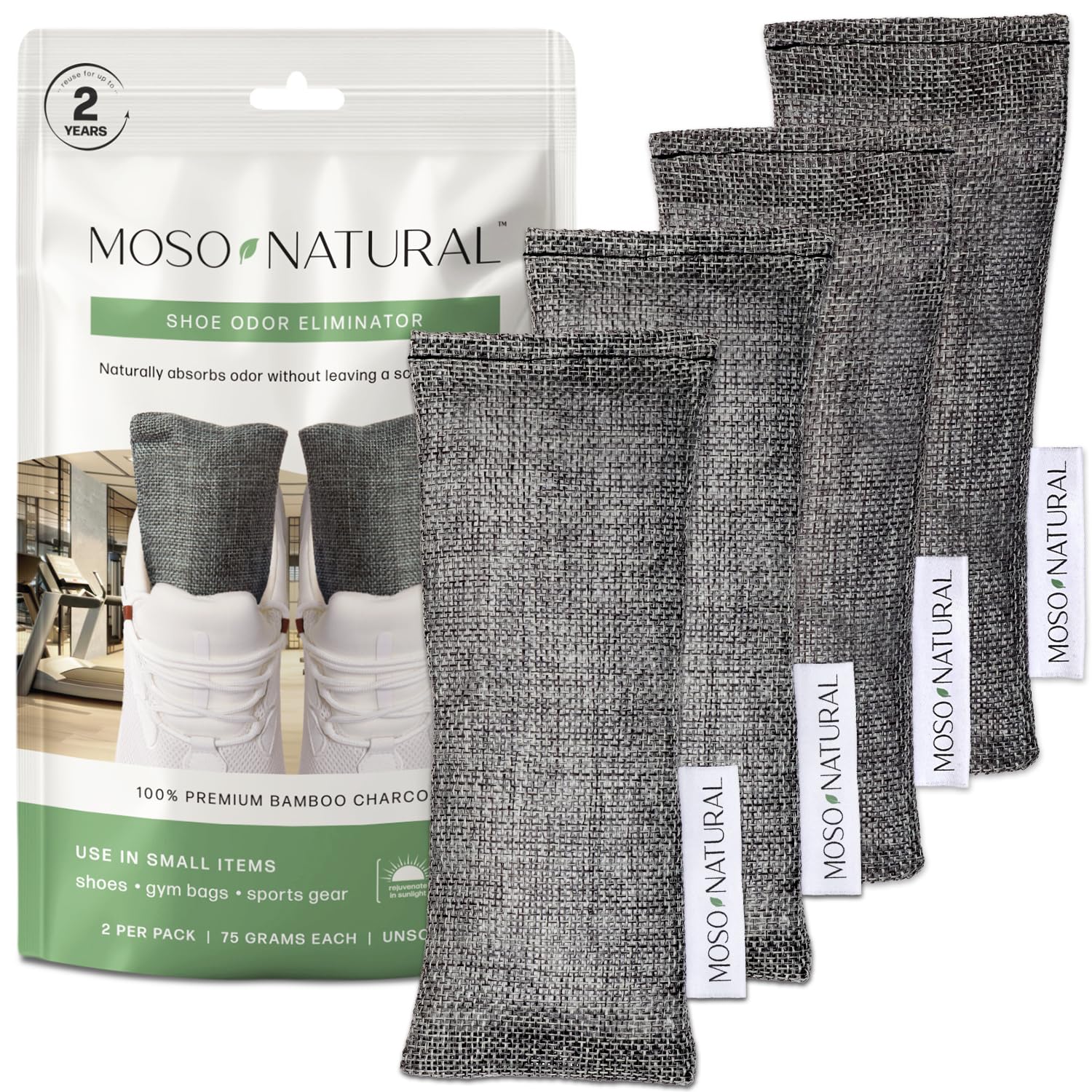 Moso Natural Shoe Deodorizer Inserts, Charcoal Odor Absorber for Shoes, Gym Bag & Boot Deodorizer, Long-Lasting Shoe Odor Elimination, Unscented Air Purifying Bags (Two Per Pack. 4 Total)