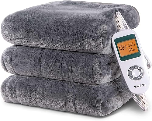 RAINOVA Heated Blanket, Electric Blanket-50''x60'', Soft Heating Blanket, 10-Level Heating, 10-Hour Auto-Off, Gifts for Parents and Elders, Gray, ETL & FCC Certified