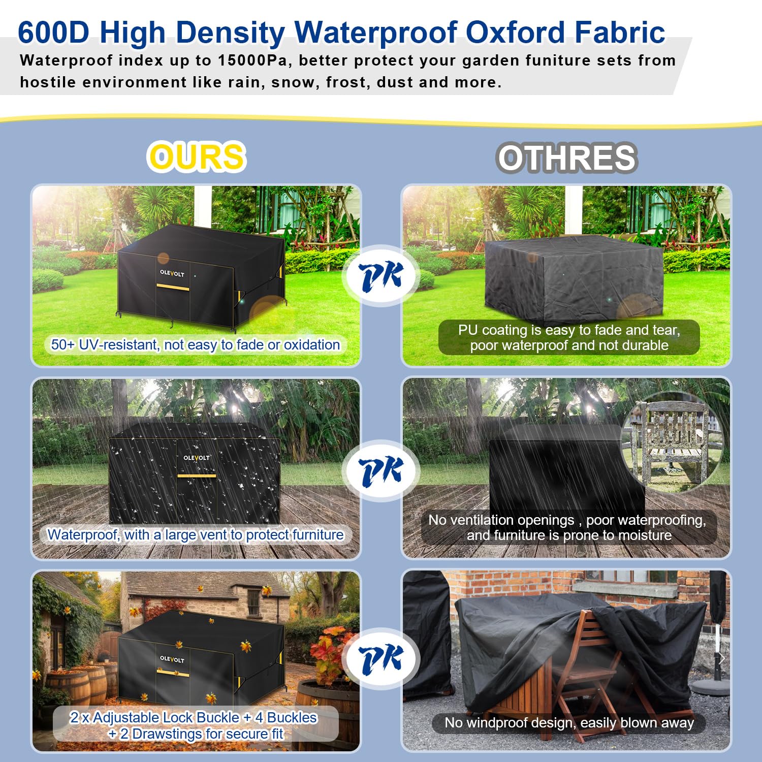 Copertura Tavolo Esterno 160x80x74cm Telo Copritavolo da Esterno | Tessuto Oxford 600D Copri Tavolo da Esterno Impermeabile, Copertura per Mobili da Giardino, Tavolo e Sedie da Esterno