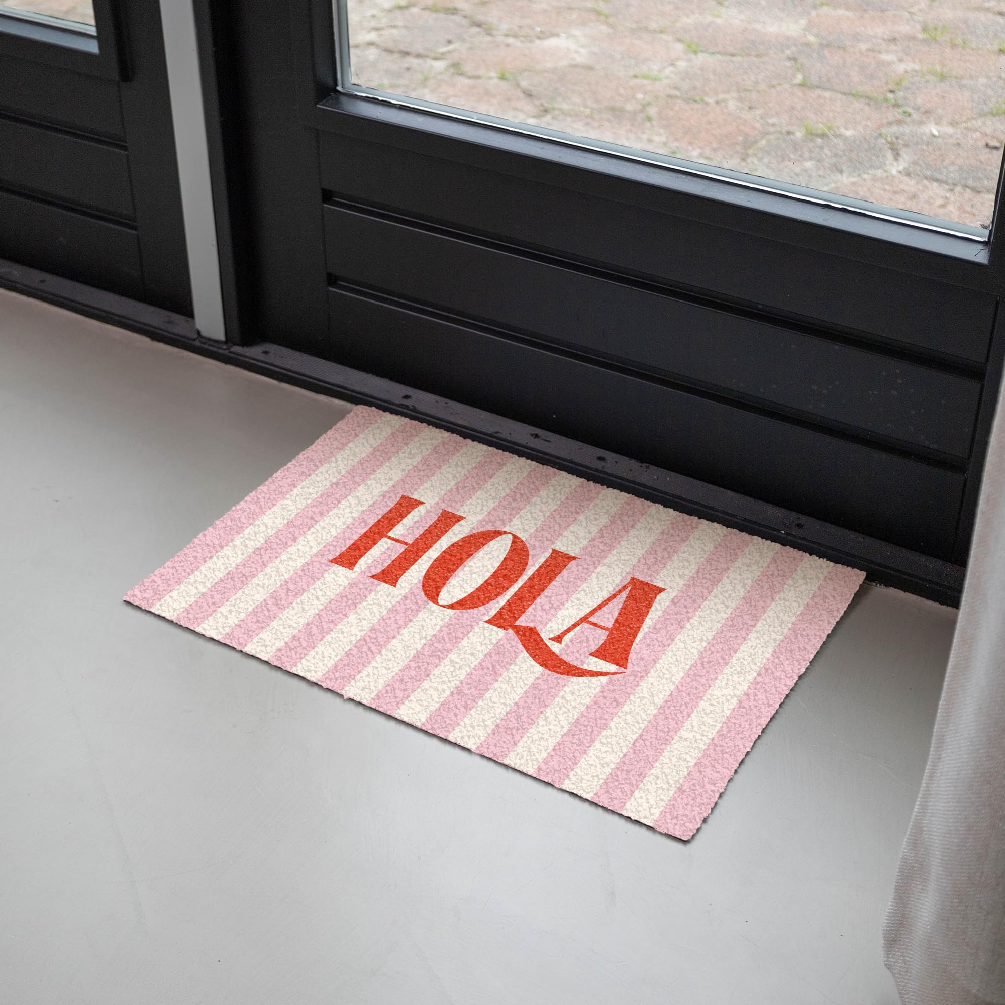 MuchoWow© Fußmatte innen Sauberlaufmatte Fußabstreifer Türvorleger | 40x60 cm - Schmutzfänger Fusmatte Indoor Matten Wohnungstür Schuhabstreifer Hola – Zitat – Streifen – Pastell – Rosa – Rot –
