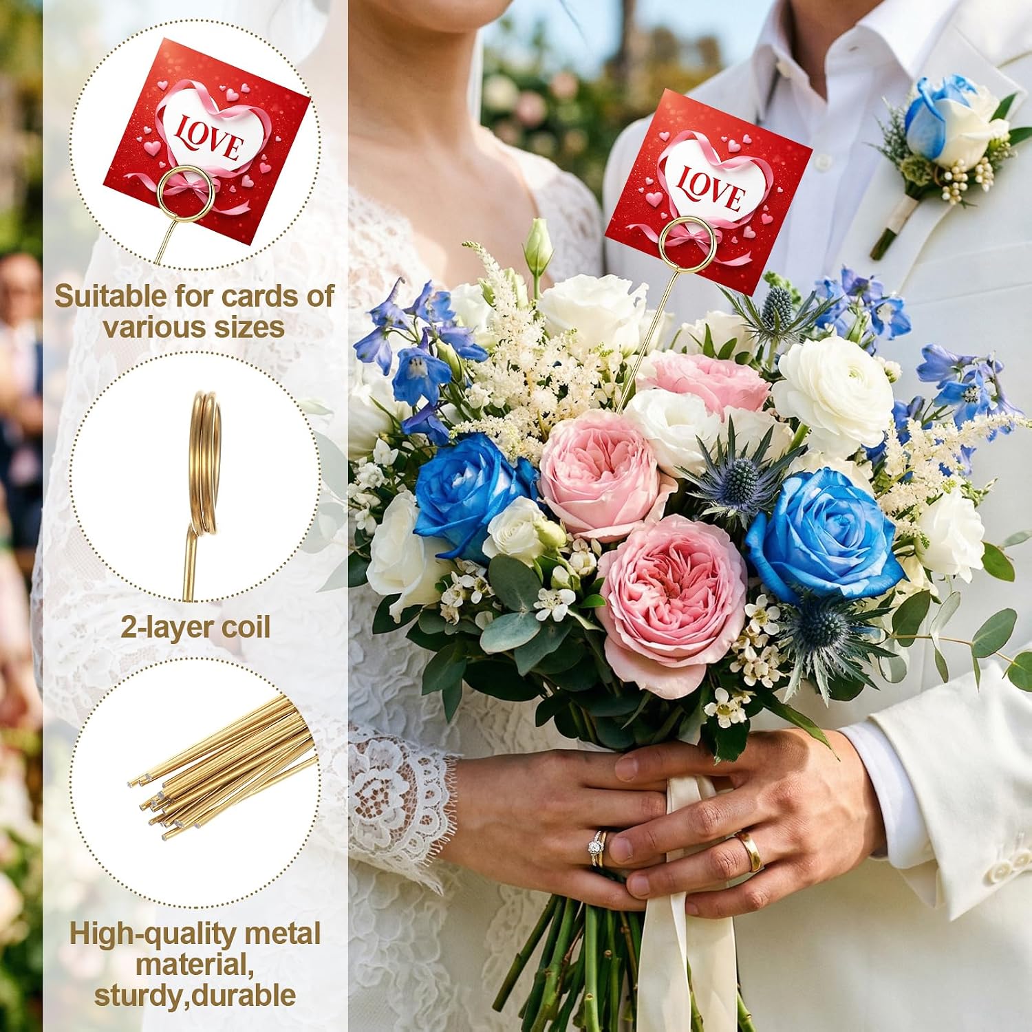 100 Pcs Floral Card Holder Picks Bulk, 12 Inch Metal Wire Flower Place Card Sticks Round Picture Memo Clip Holder for Wedding, Party, Birthday, Baby Shower Supplies