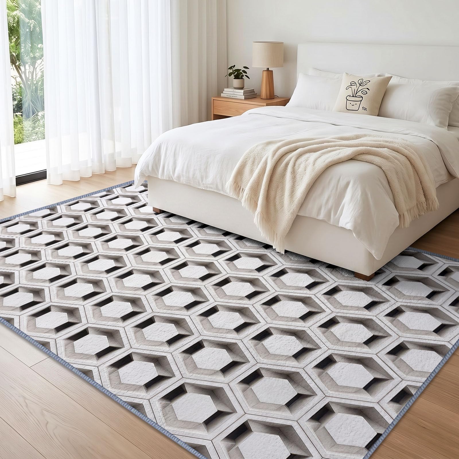 Grand Tapis Salon 140x200cm 3D Illusion Optique, Tapis de Salon Lavable en Machine Antidérapant à Poil Ras, Blanc Géométrique Hexagone Doux Tapis Chambre Adulte pour Salle à Manger Couloir