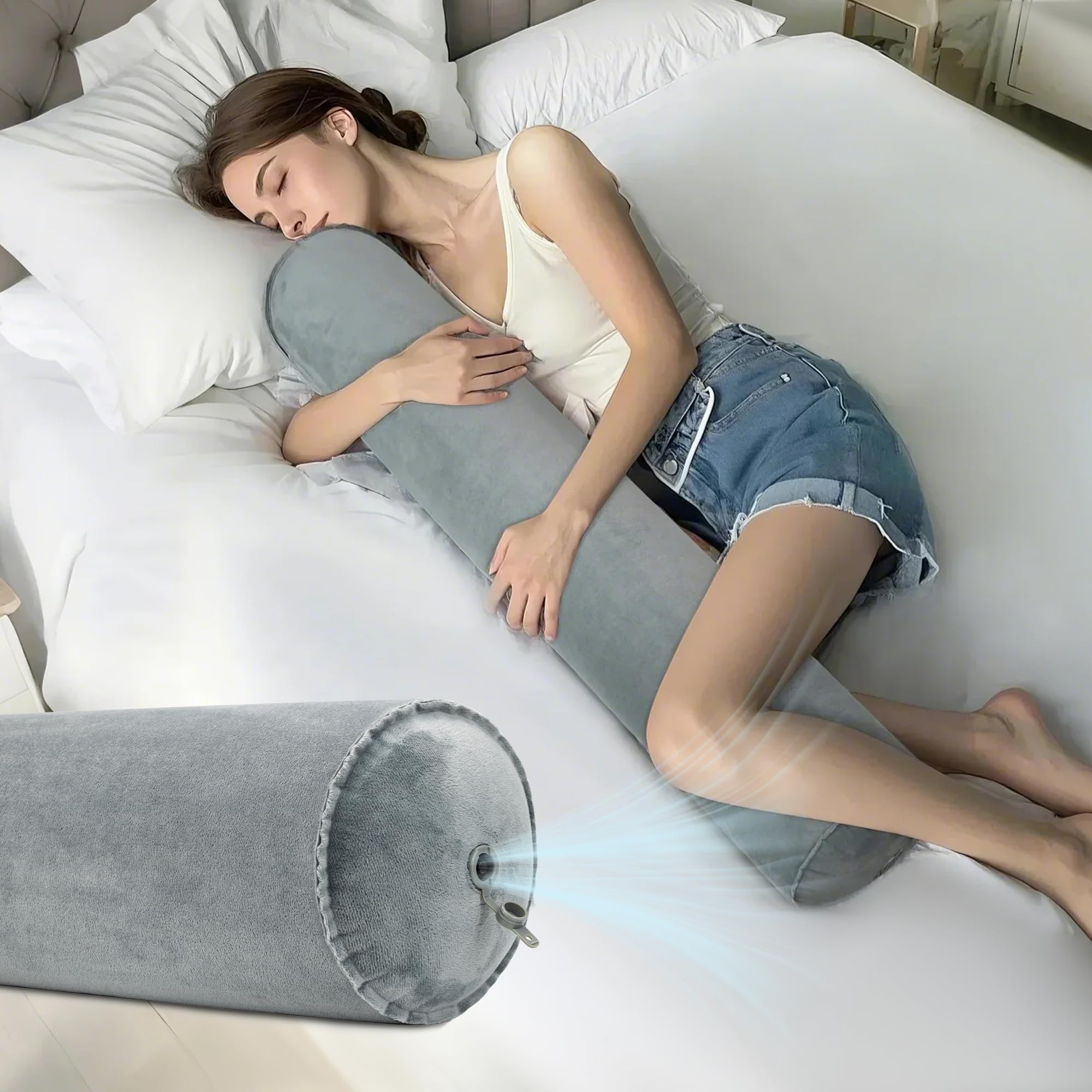 ONTYZZ Inflatable Long Body Pillow, Long Pillow for Bed, Oval Bolster Pillow for Good Sleeping and Back/Neck Support, 1pcs Grey