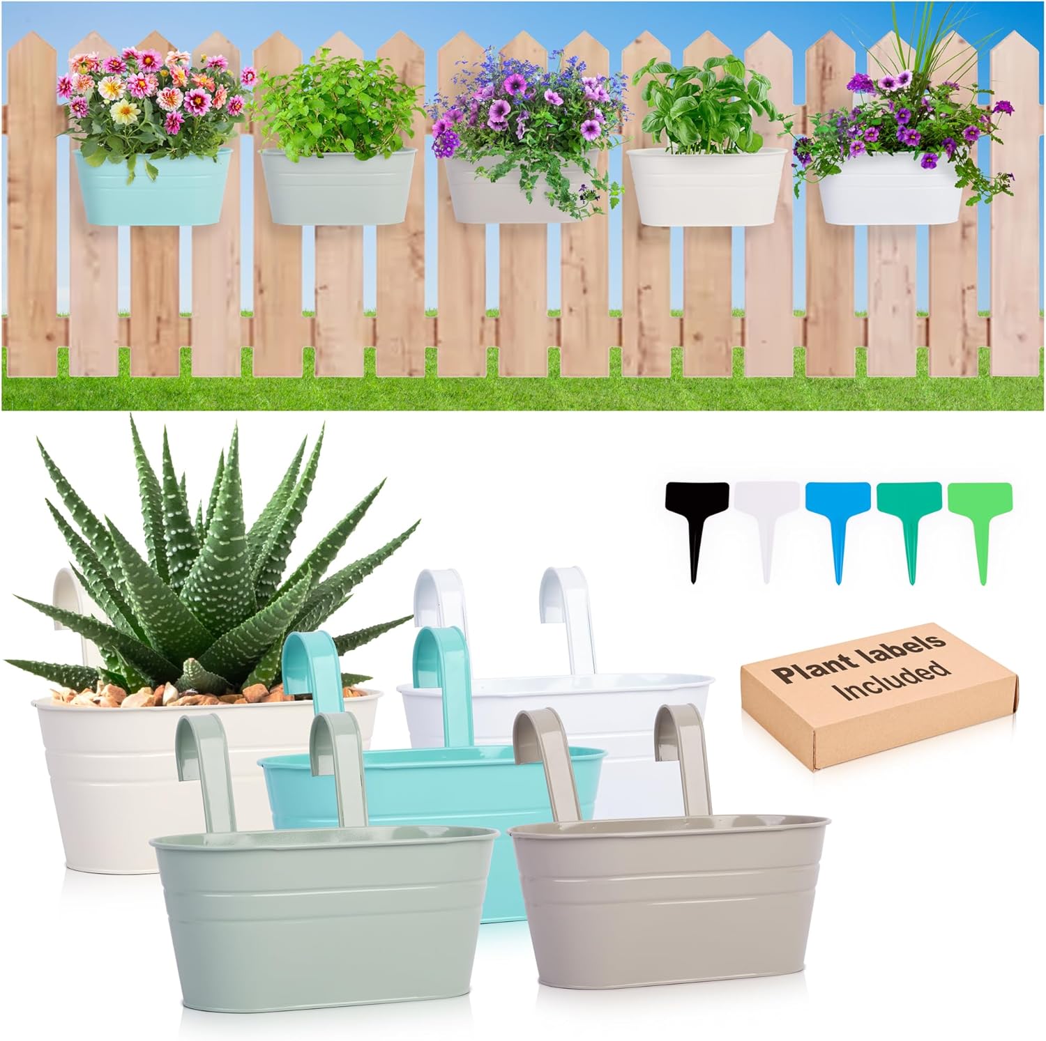 5-Pack Galvanized Iron Planters for Fence in Trendy Colors for Indoor & Outdoor Use, Perfect for Natural & Artificial Plants, Includes Hooks & Plant Labels Light Green, Gray, White, Orchid, Milky White