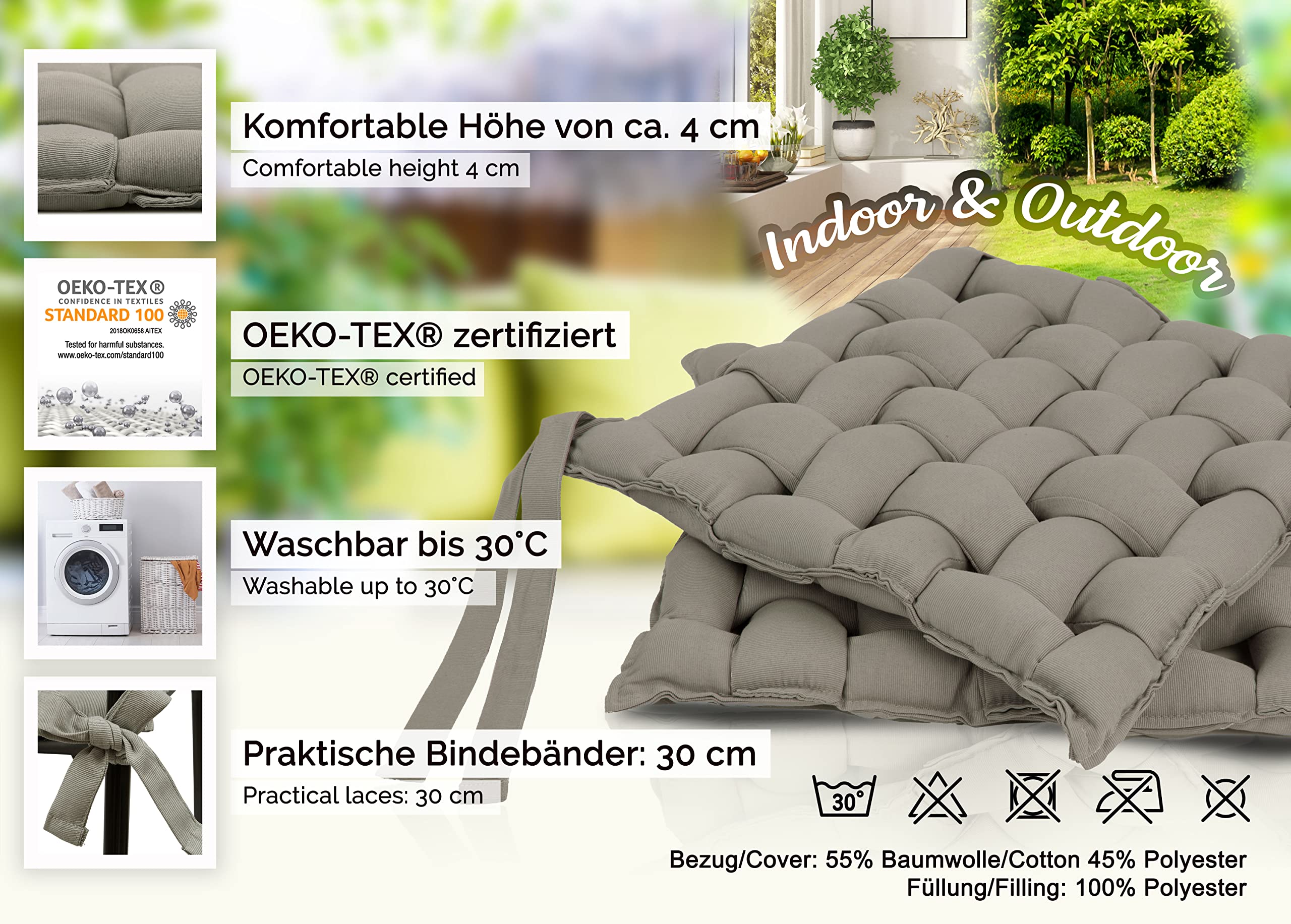 ZOLLNER 4er Set Sitzkissen in 40x40cm - gemütliche Stuhlkissen mit Bindebänder - waschbar bis 30°C - in grau - Oeko Tex® Zertifiziert