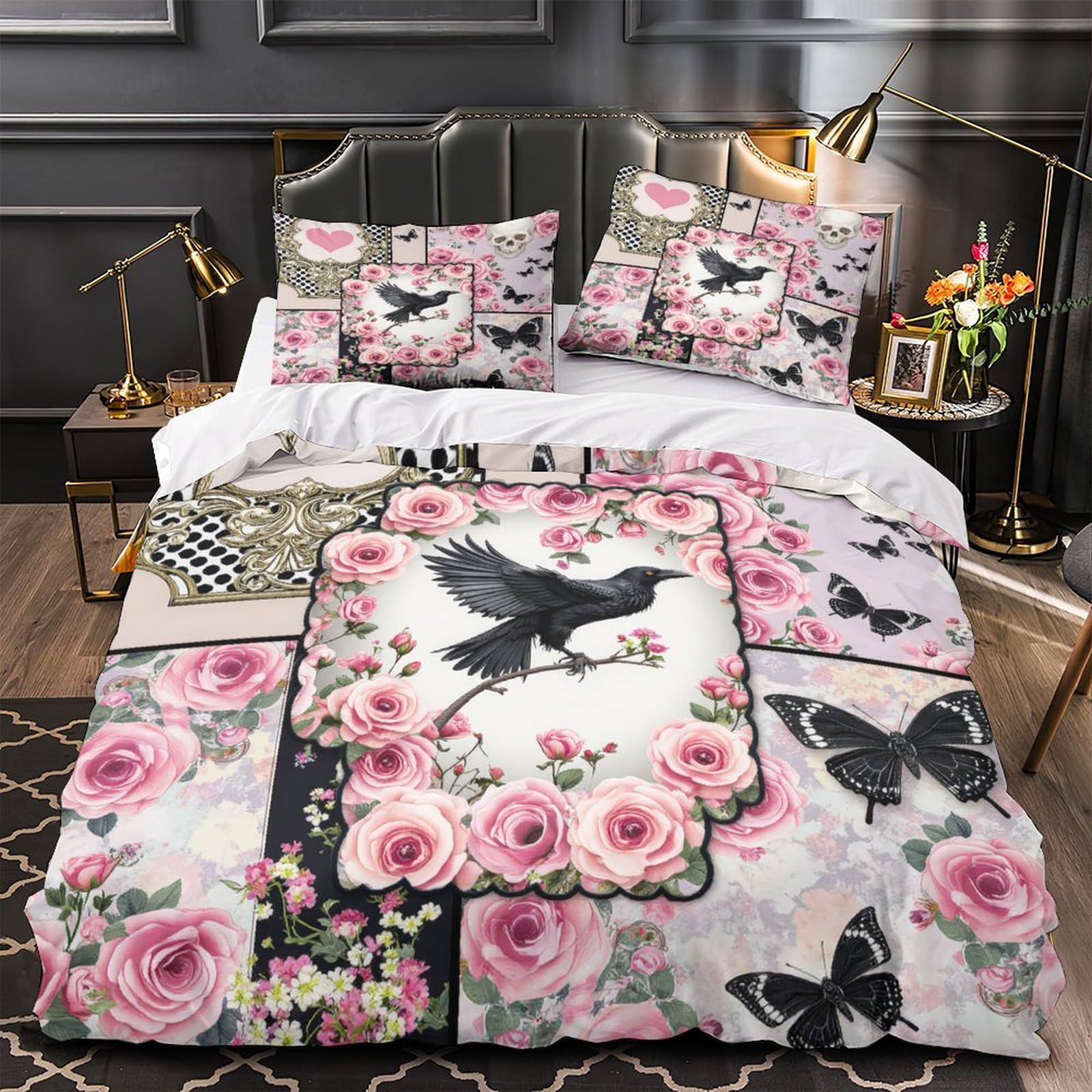 Housse de couette gothic roses pour chambre d'ado garçon ensemble de lit vintage 3 pièces