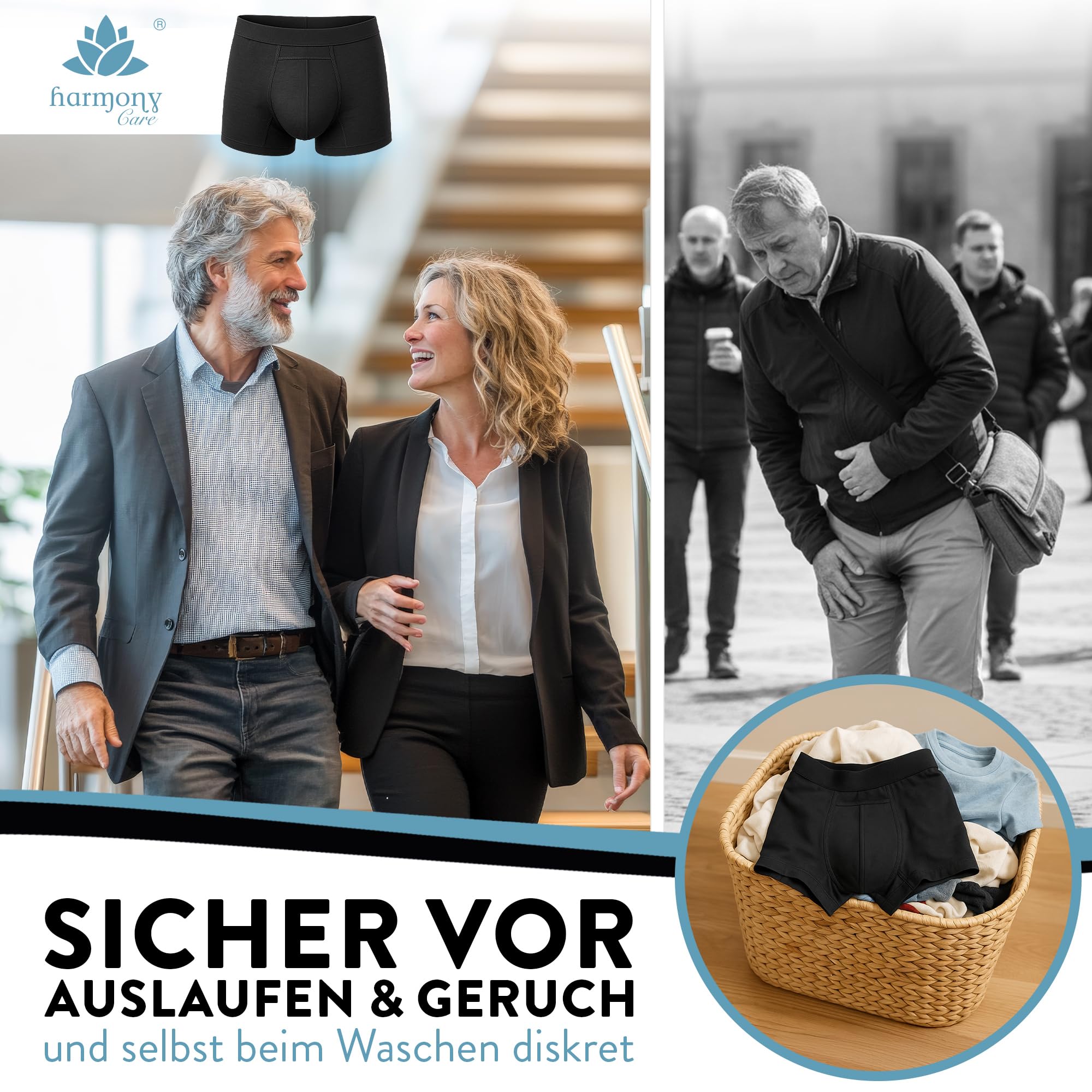 Harmony Care® 3x Premium waschbare Inkontinenz Pants Männer - extra auslaufsichere Unterhose bei leichter Blasenschwäche - diskrete Inkontinenz Shorts inkl. Waschnetz - Medium