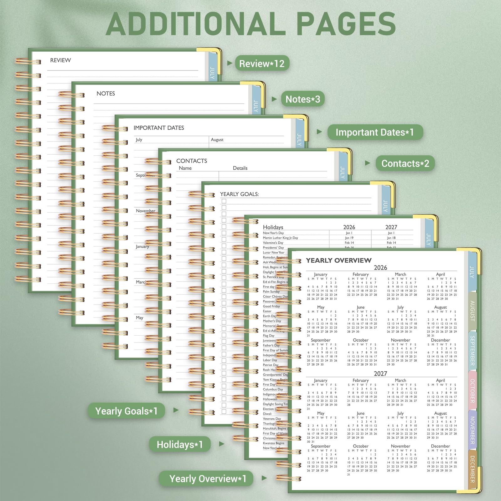 Planer 2026-2027, Wochen- und Monatsplaner, Juli 2026 - Juni 2027, B5 Hardcover Spiralplaner mit monatlichen Registerkarten, inspirierende Zitate für Schüler und Schule, B5 (20,6 x 23,4 cm), Grün