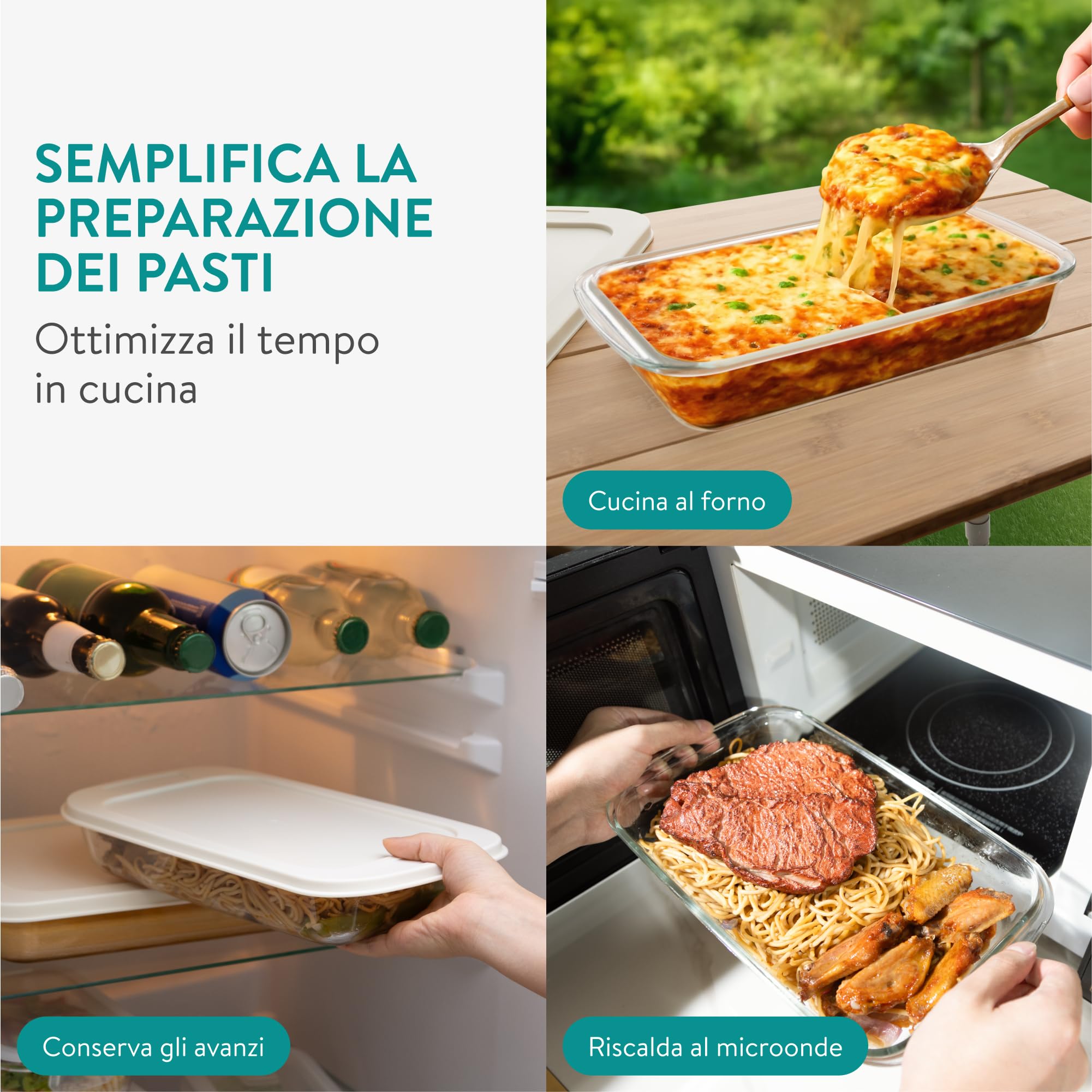 Navaris Teglia Forno Rettangolare - Set di 2 Teglie Forno - Contenitori in Vetro per Alimenti - Pirofile con Coperchio per Freezer - Adatte a Cottura e Conservazione in Frigorifero