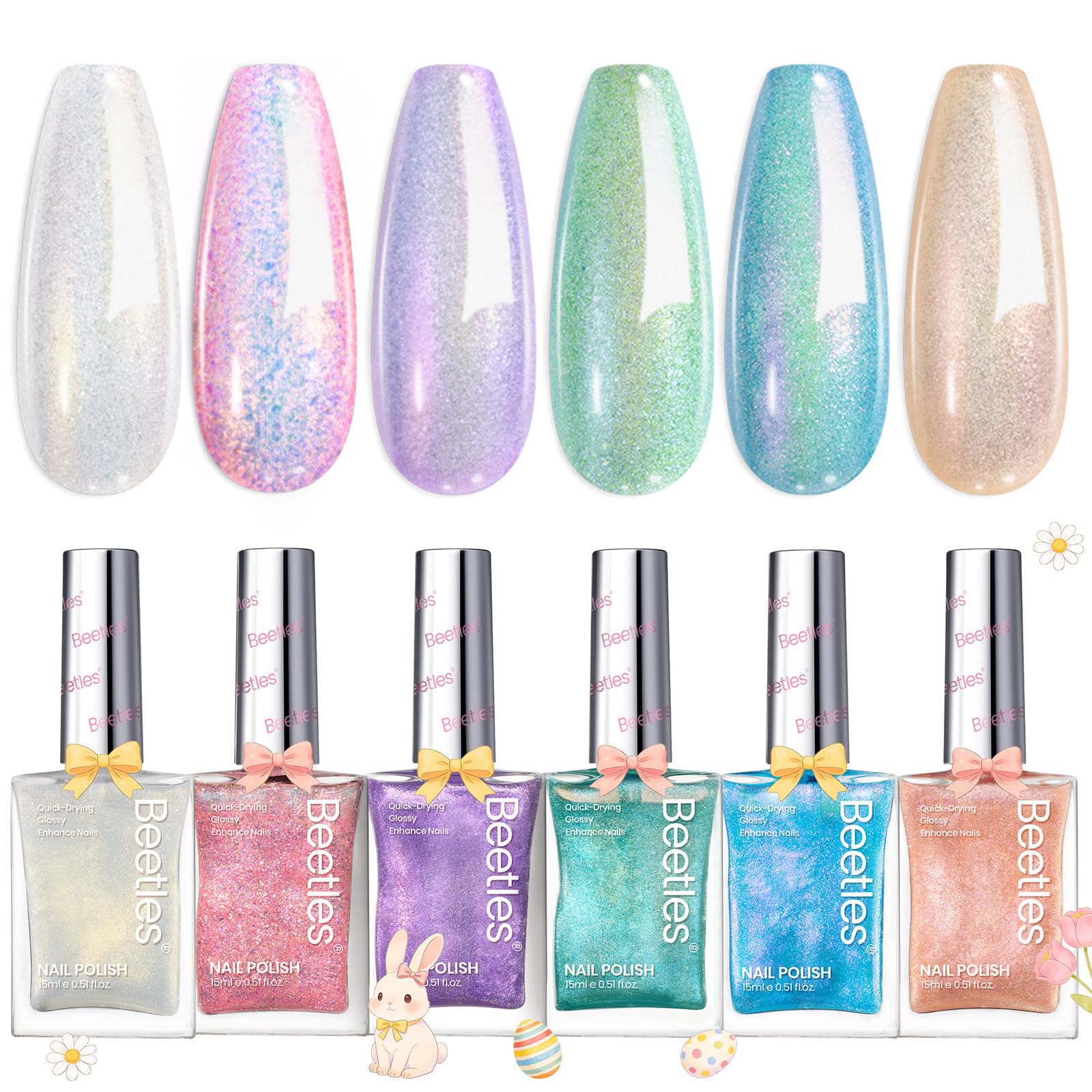 Beetles Glitter Nail Polish Set, 6 Colors Dreamy Pastel Pearl Quick Dry Nail Polish Kit, Long Lasting Shine DIY Manicure Gift for Women Girl Christmas Nail Art