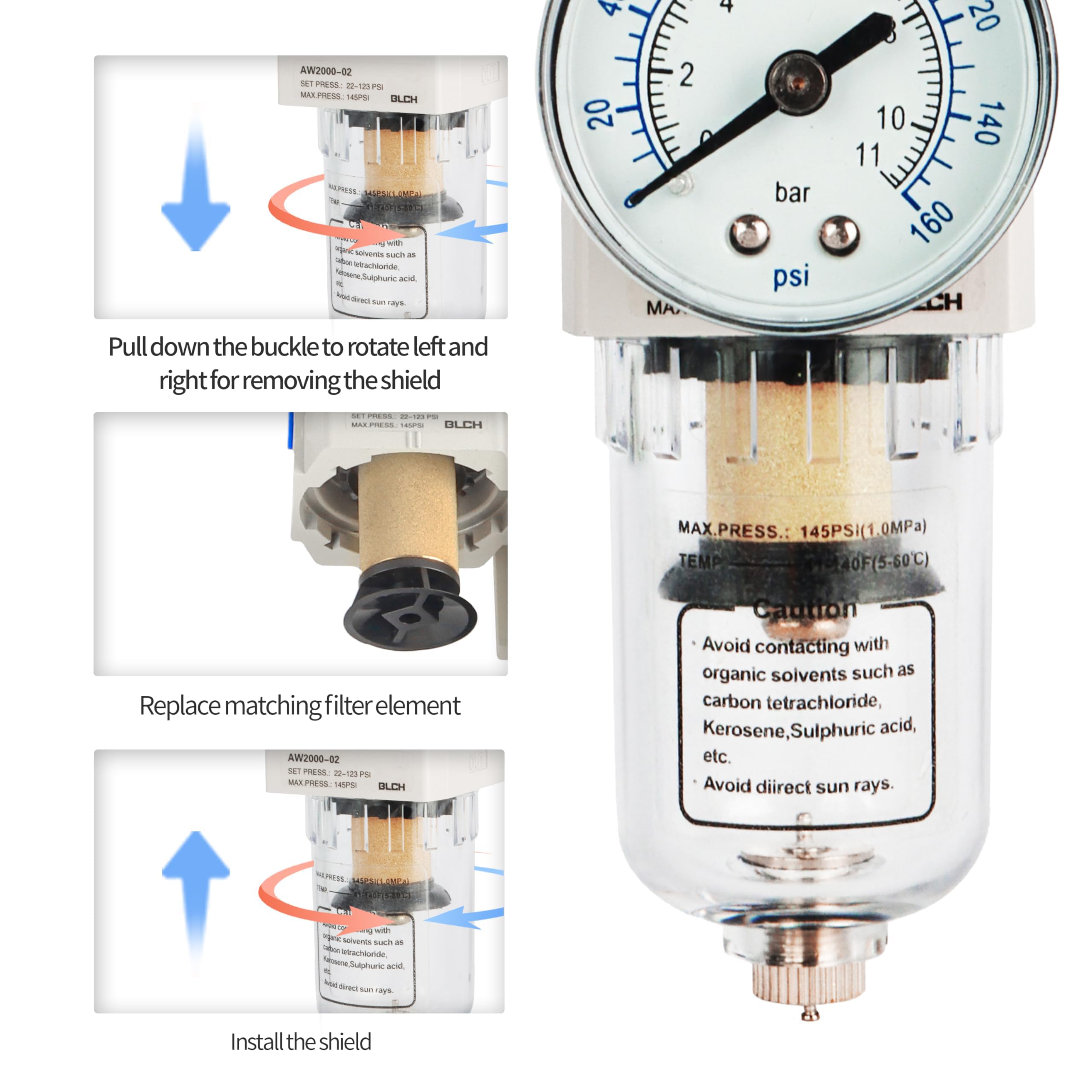 BLCH 1/4" BSP Kompressorregler - Druckregler und Lufttrockner AW2000-02 mit manueller Entwässerung, Polycarbonat-Behälter, Manometer (0-160 PSI) und 5μm Messingfilter.