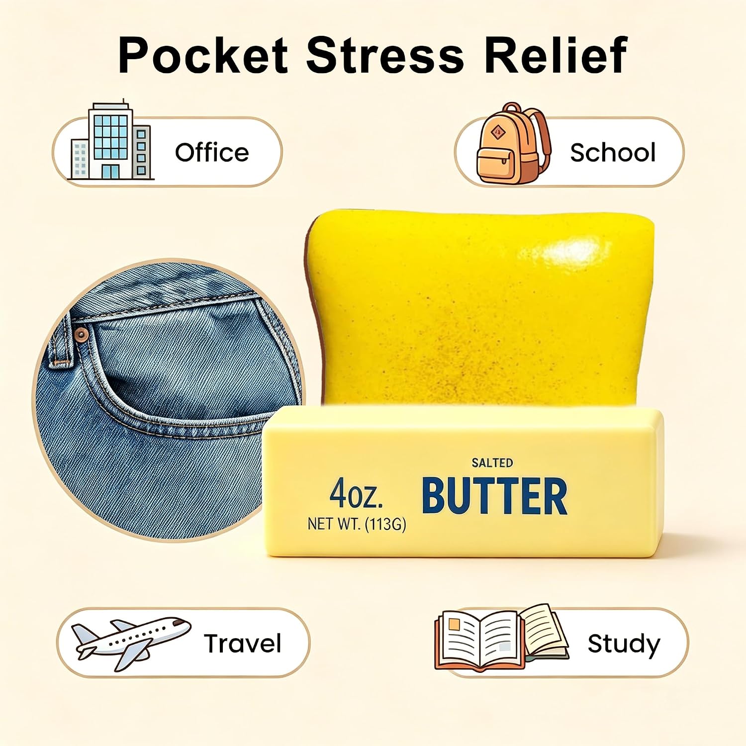 Bread Butter Squishy 4 OZ Butter Stress Ball, Soft Fidget Squeeze Ball, Anxiety & Stress Relief, for Office, School & Travel, Cute Desk Stress Reliever & Party Favor Gift (Bread + Butter)