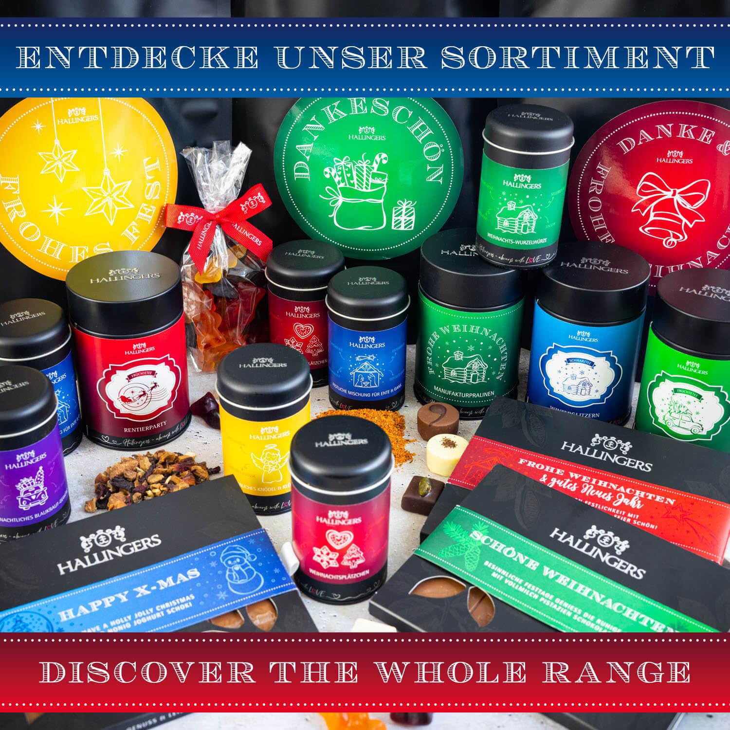 Hallingers Genuss Manufaktur Feinkost Weihnachts-Geschenk-Set - XXL-Wundertüte "Fröhliche Weihn..." großes Mitbringsel Schokolade, Tee, Pralinen, Nougat-Mandeln & Gewürz, Weihnachten für Frauen Männer