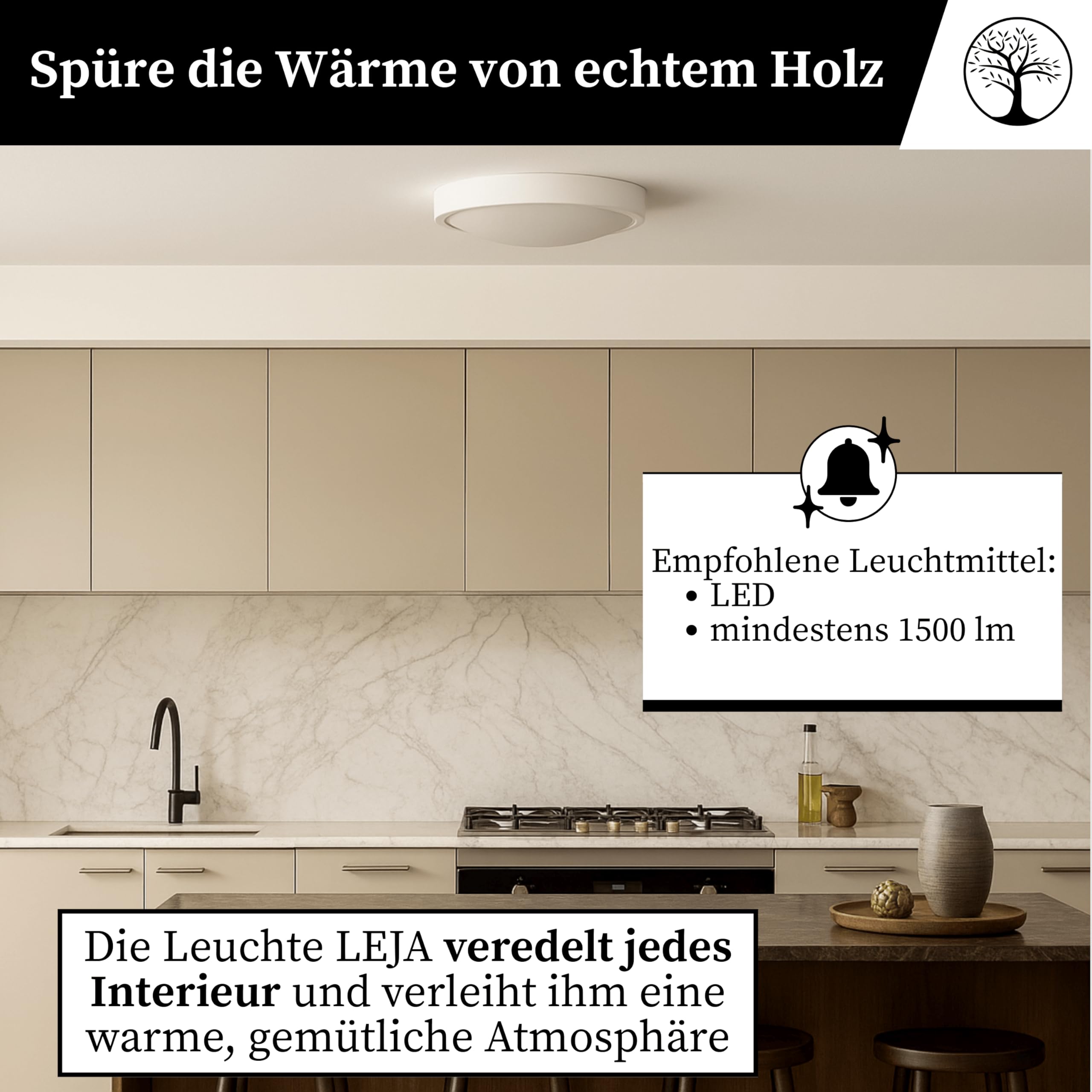 Deckenlampe - Runde Holz Deckenleuchte Weiß 2xE27 (∅37 cm) - Modern Lampe für Schlafzimmer, Wohnzimmer, Flur, Küche - Stilvolle Kiefernholz ORION