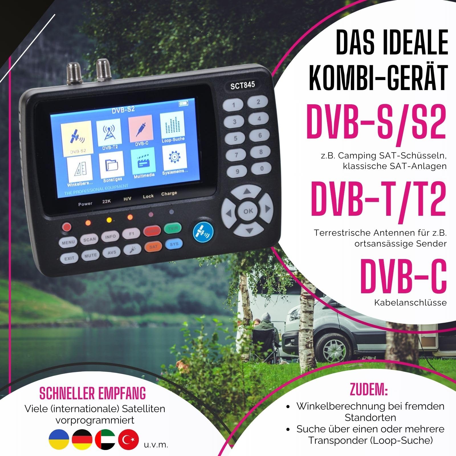 Summit SCT 845 Satelliten Messgerät I Sat Finder für DVB-S/S2, DVB-T/T2 | & DVB-C I Digitales Messgerät mit 4,3" TFT LCD Display I inkl. Steckernetzteil, AV-Kabel