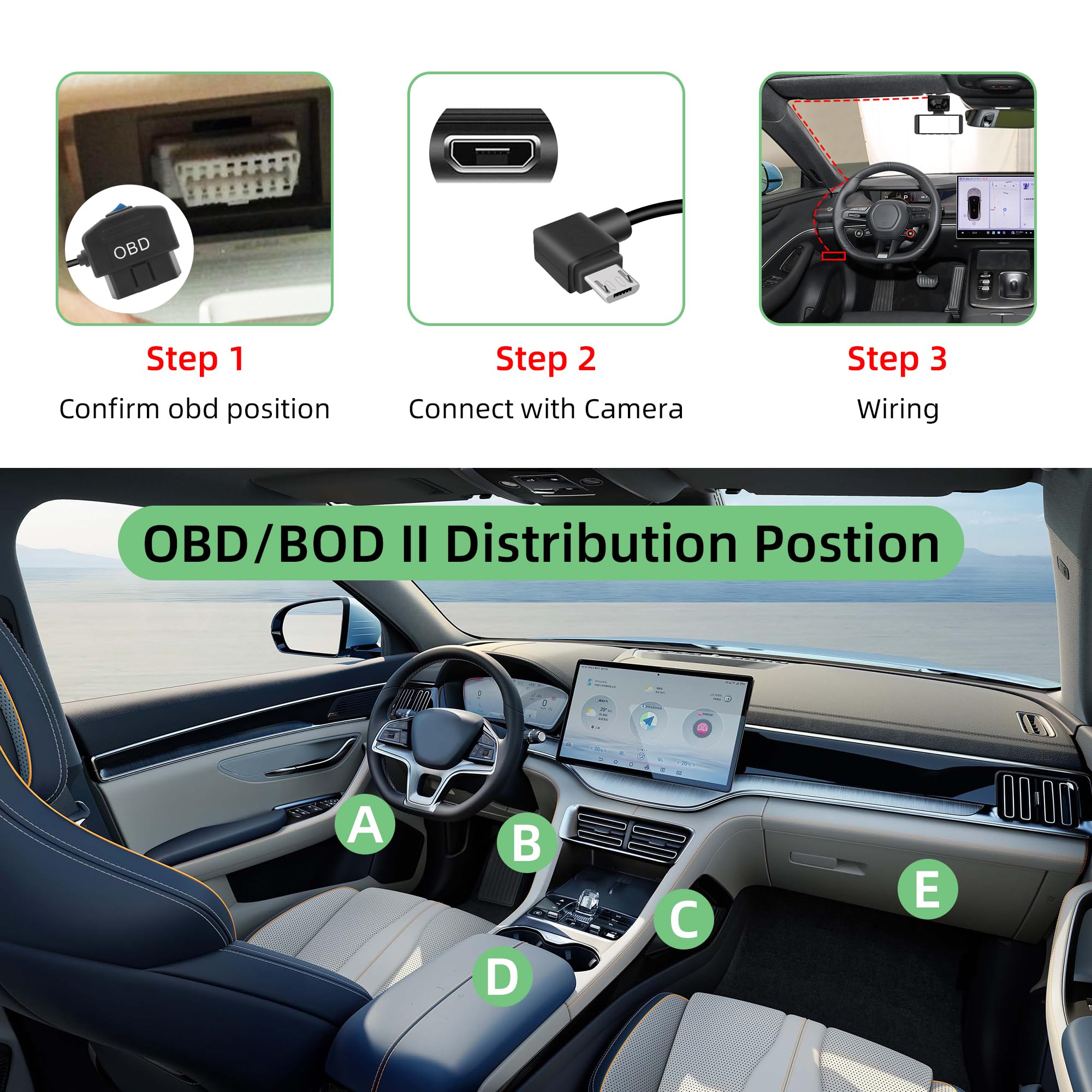 Kabel OBD na USB DashCam, Recto Micro USB do OBD2 Adapter przewodowy ze złączem przełącznika przyciskowego Kompatybilny z pojazdami elektrycznymi (11,5 ft/3,5m, Mirco R)