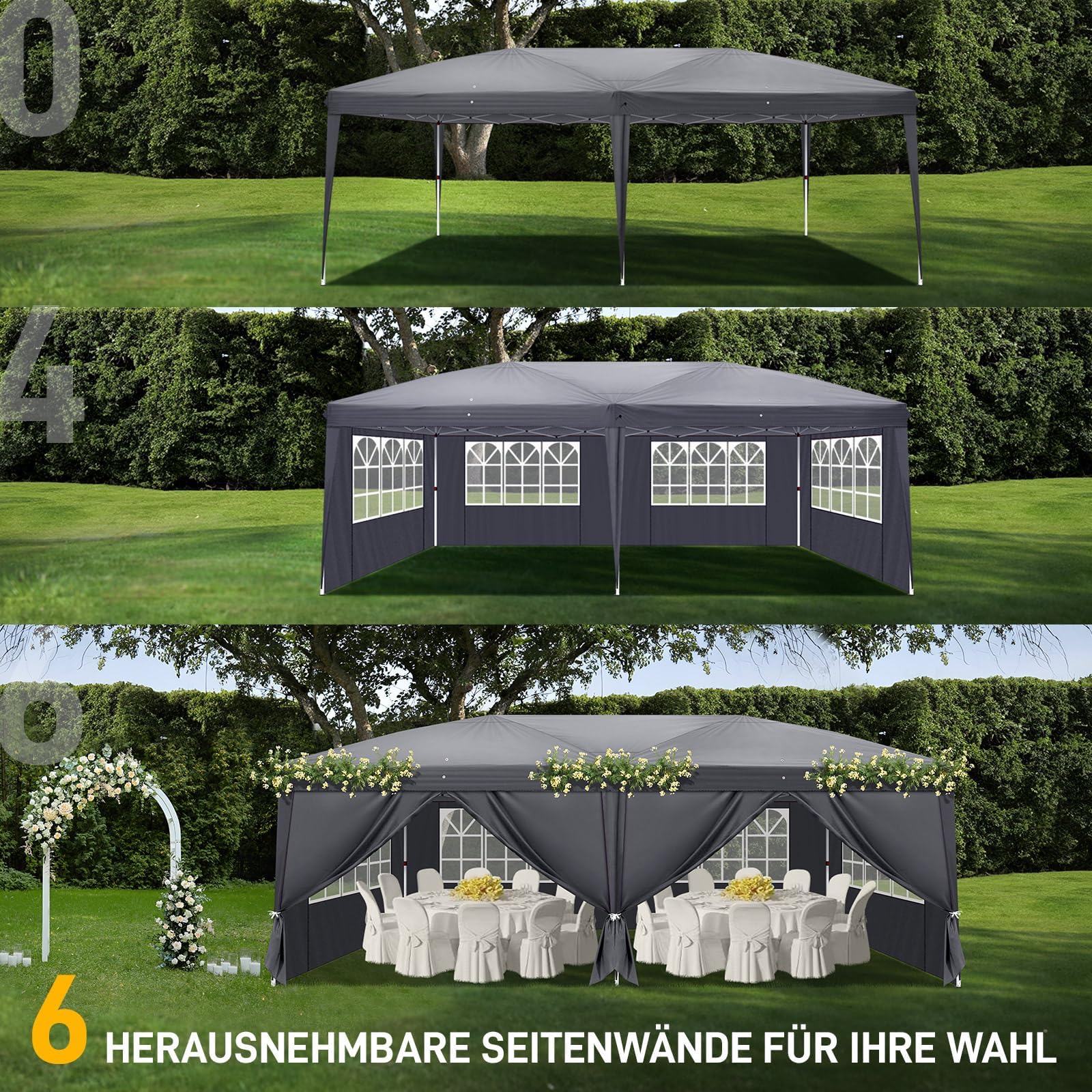 LEADZM Faltpavillon 3x6m | Pavillon mit Stahlrahmen & 6 Seitenteilen, Pop-up Schnellmontage, Wasserdicht Winterfest UV Schutz 50+, Höhenverstellbar für Garten/Party/Camping