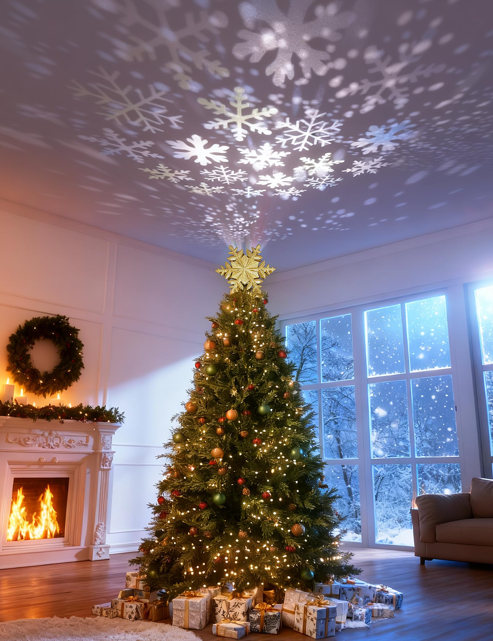 Gouden sneeuwvlok en ster kerstversiering voor op het bureau, glitter