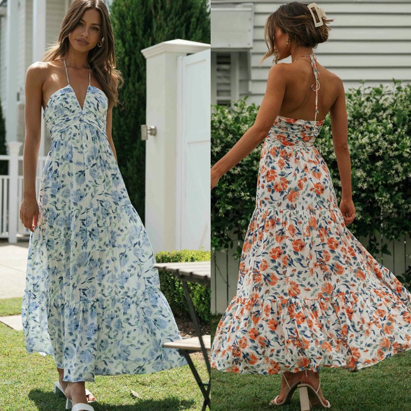 Vestito Donna Elegante Abito Estivo da Stampato A V-Scollo V-Torta in Stile FESTIVITÀ Casual Alto-Fiori Rossi-XL