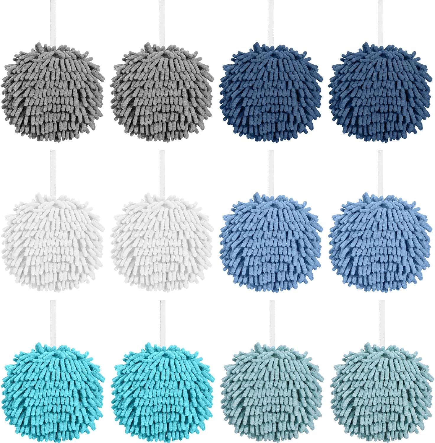 12 Pcs Fuzzy Ball Towel, Chenille Hand Towel Absorbent Fast Drying Hand Drying Puff with Loop Creative Bath Towels Set for Bathroom, 6 Colors