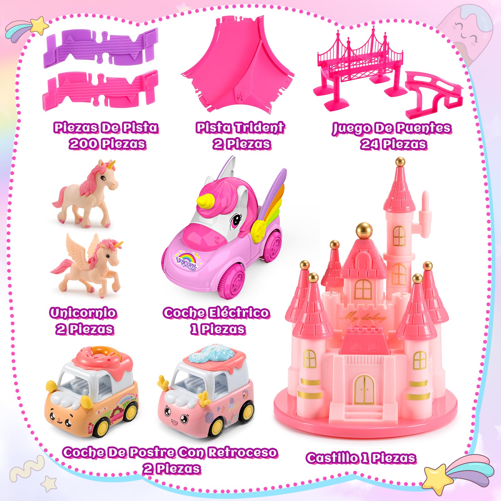 iKidiki Unicornios para Niñas 3 4 5 6 7 8 Años, Pista de Coches para Niños Regalo Juguetes Niña 3-8 Años Pista Coches Flexible Juguetes para Niñas Pistas Tiburon Niña Regalos Cumpleaños Niños