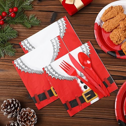 Miniatura 6 de Sliner Juego de 175 platos y servilletas de papel de Navidad desechables de Papá Noel para 25 vasos de papel de Navidad con cuchillo, tenedor,