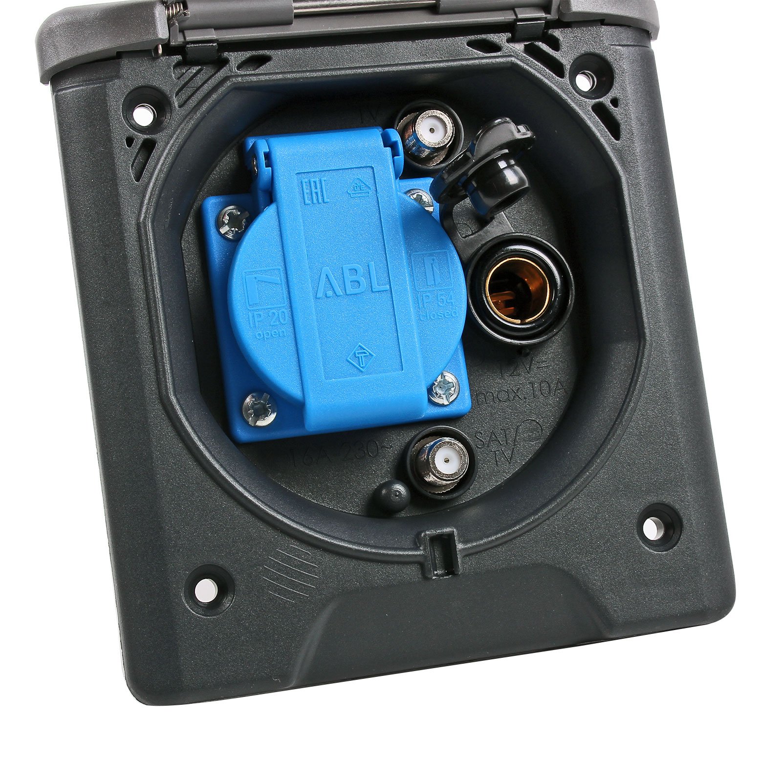 Vorzeltsteckdose Multi 12V und 220V, 2x Sat Grau IP54, Magnetverschluss