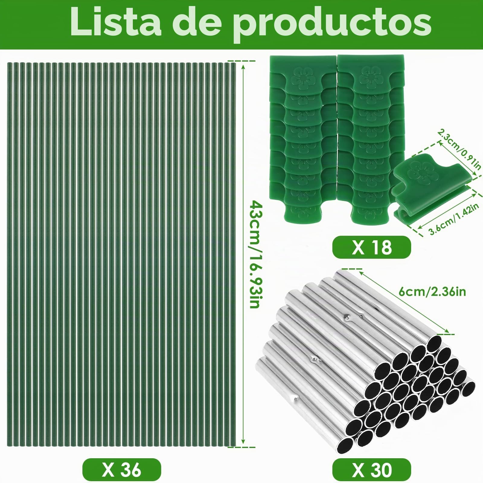 36 piezas de arcos de túnel de plantación de 43 cm de diámetro, túnel de película flexible para lechos elevados, varillas de fibra de vidrio con 30 tubos de conexión de metal y 18 clips de red