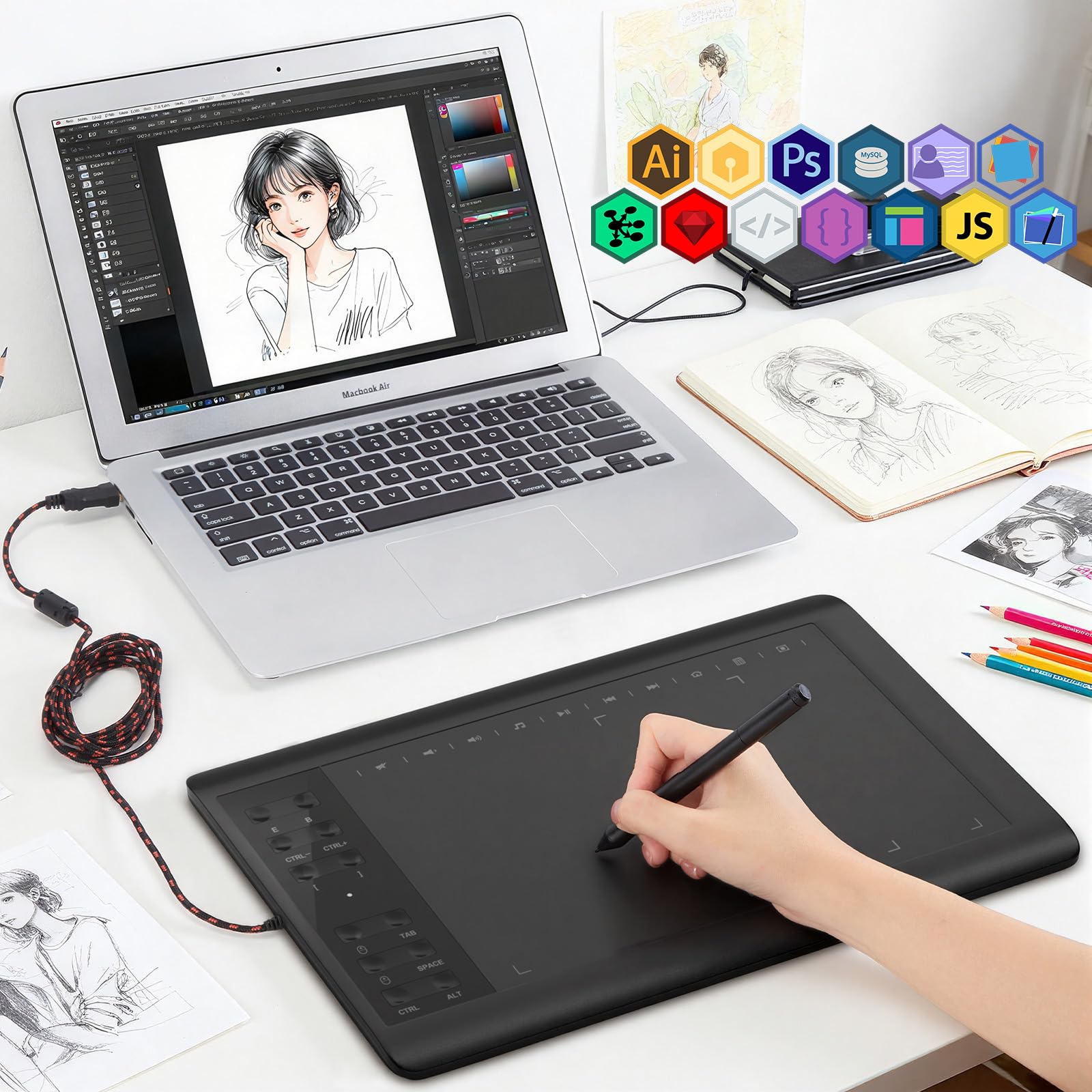 IMAGE Grafiktablett 10 x 6 Zoll große aktive Fläche mit 8192 Stufen batterielosem Stift und 12 Schnelltaste, kompatibel mit Windows/Mac/Android für Malerei, Design & Online-Unterricht, Schwarz