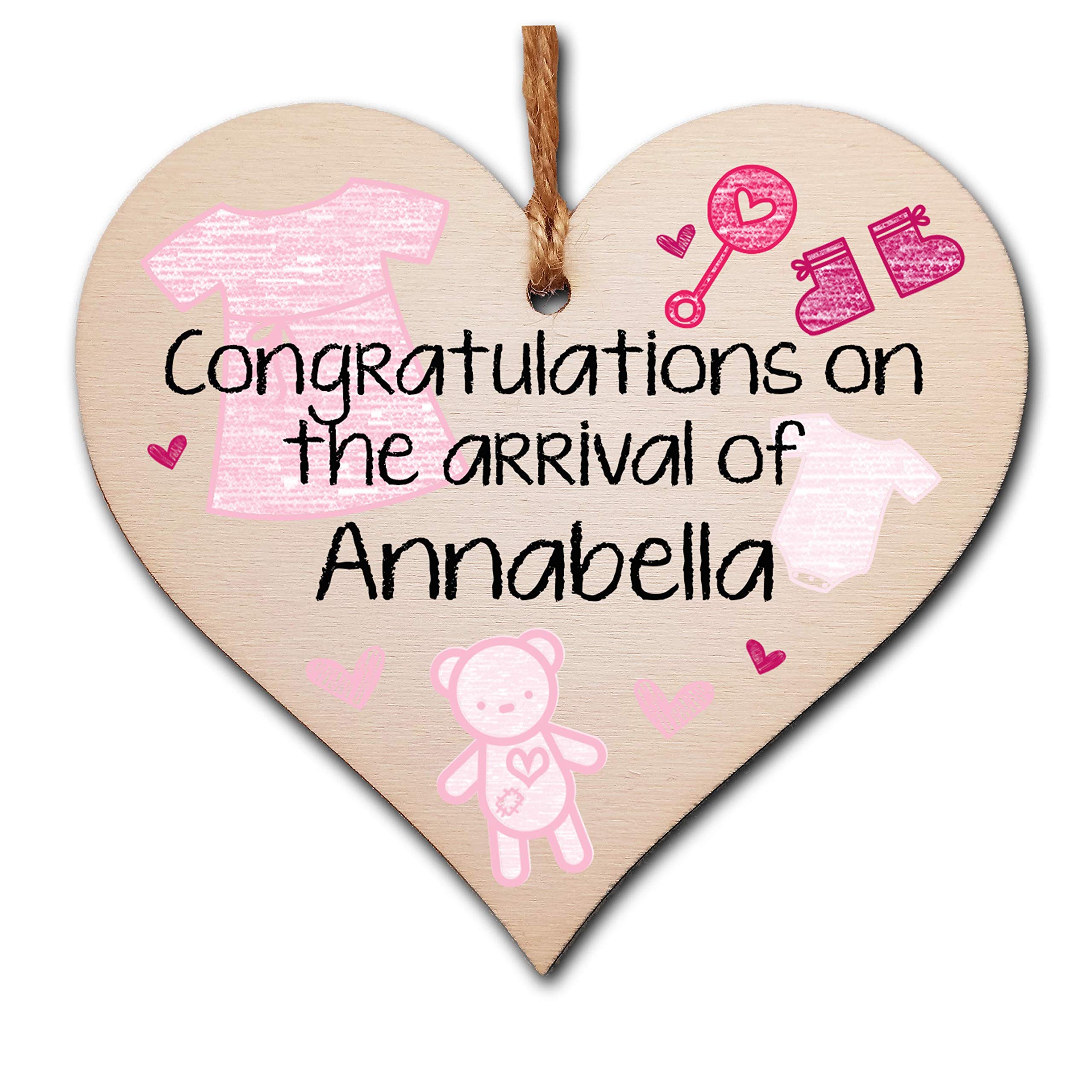 Personalised Handmade Wooden Hanging Heart Plaque Gift Congratulations on the arrival of new baby new parents present pink nursery wall decoration crayon style โ image 1