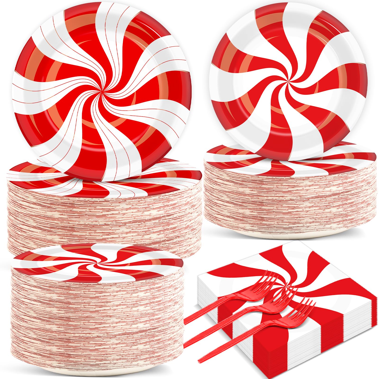 50 Guests Christmas Candy Cane Plates and Napkins Party Supplies Peppermint Party Decorations Disposable Tableware Set Red and White Striped Dinnerware Favor for Holiday Xmas Theme Party, 200PCS