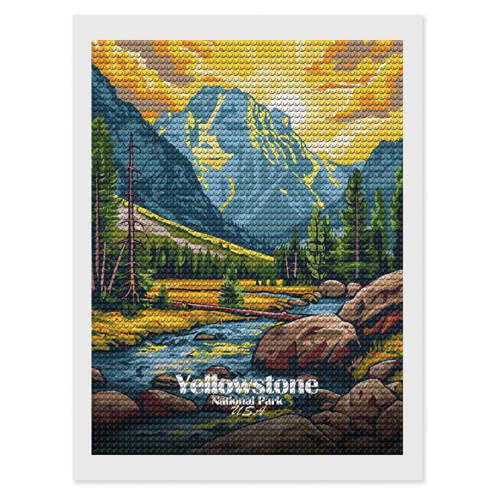 Junmoney Yellowstone National Park Landscape Illustration DIY Diamond Art Canvas Kit 12"x16", for Teens, Aesthetic Room Decor, Farmhouse Decor, Canvas Picture, Birthday Gift