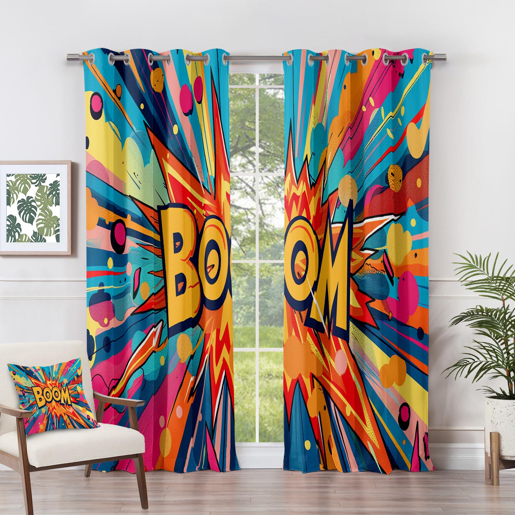 Superhero Curtains for Boys Bedroom - Superhero Curtains - Boom Comic Book Pop Art Blackout Curtains 66 x 54 Inch (Width x Drop) 2 Panels, Retro Colourful Fun Eyelet Curtains & Drapes