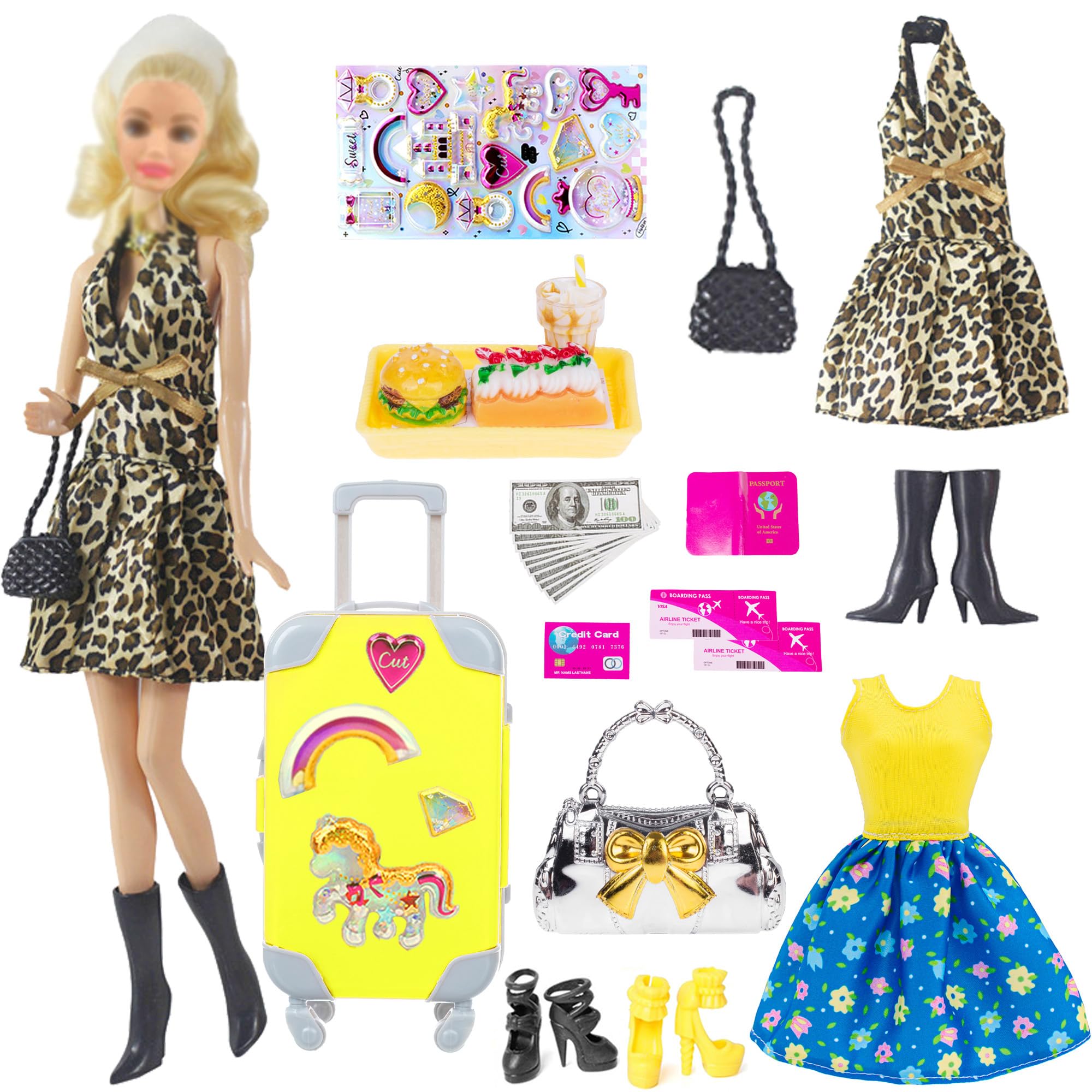 27 Pack Fashionista 11.5 inch Girl Doll Clothes and Doll Accessories with Travel Suitcase Play Set Include Luggage Handbag Food Toys Ticket Set Shoes Sticker (No Doll)
