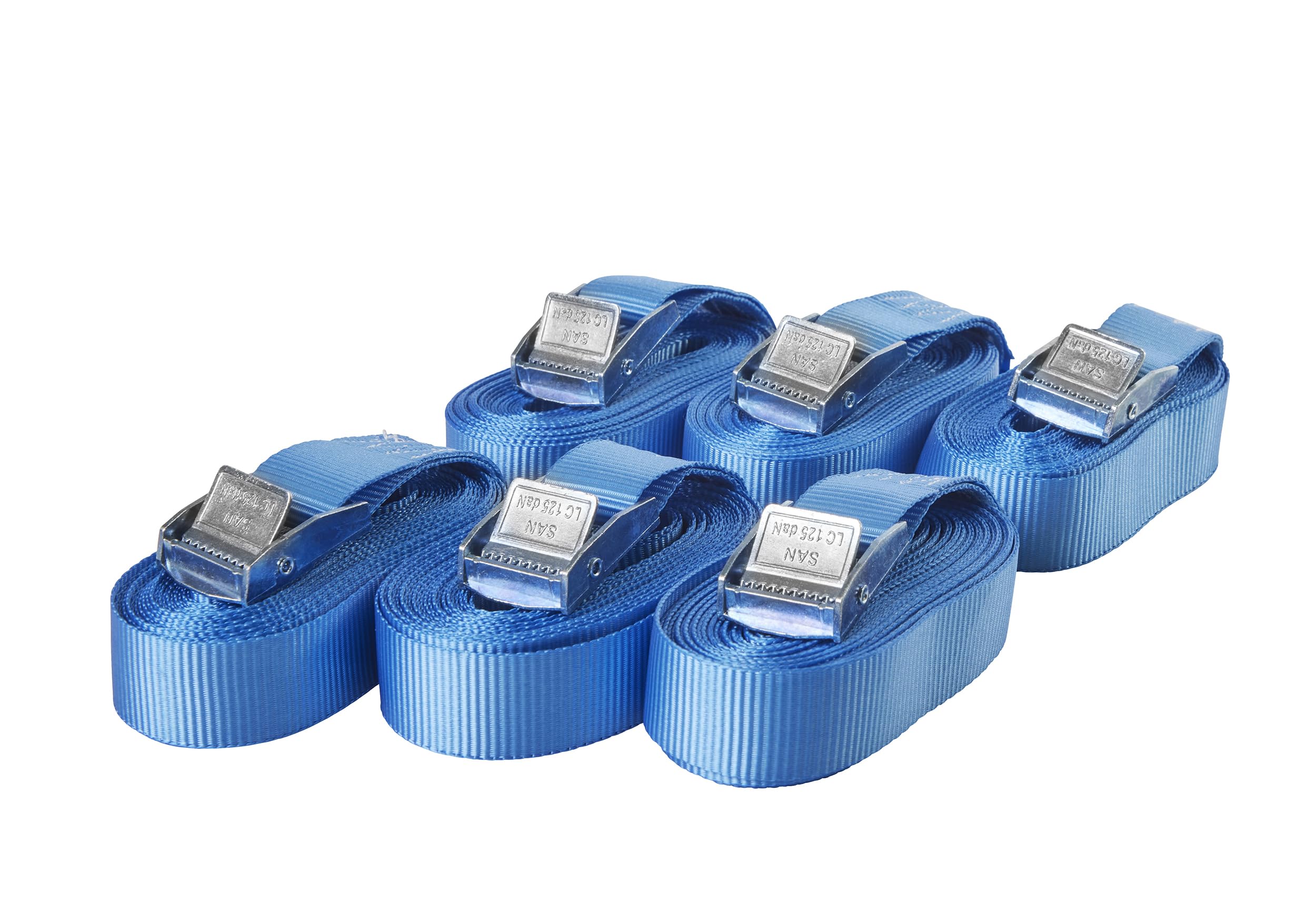 Sandax 6X Spanngurte mit Klemmschloss im Set, 3m lang, 25mm breit, blau, Zurrgurte mit Klemmverschluss kurz, belastbar bis 250kg, DIN EN 12195-2, Einteilige Befestigungsgurte Klemmschlossgurte