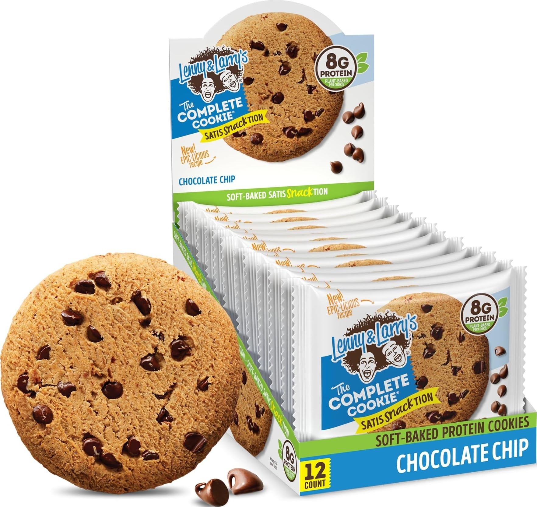 Lenny & Larry's Protein Cookie Chocolate Chip, 8g Plant Protein, 12 Pack | Vegan cookie with 5g fiber, non-GMO ingredients, a