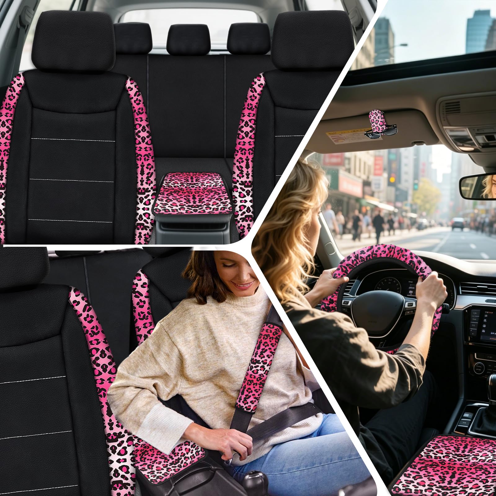 Set completo di 23 coprisedili per auto da donna, universali, con stampa, coprivolante, console centrale, accessori per occhiali da sole, SUV (stampa leopardata rosa)
