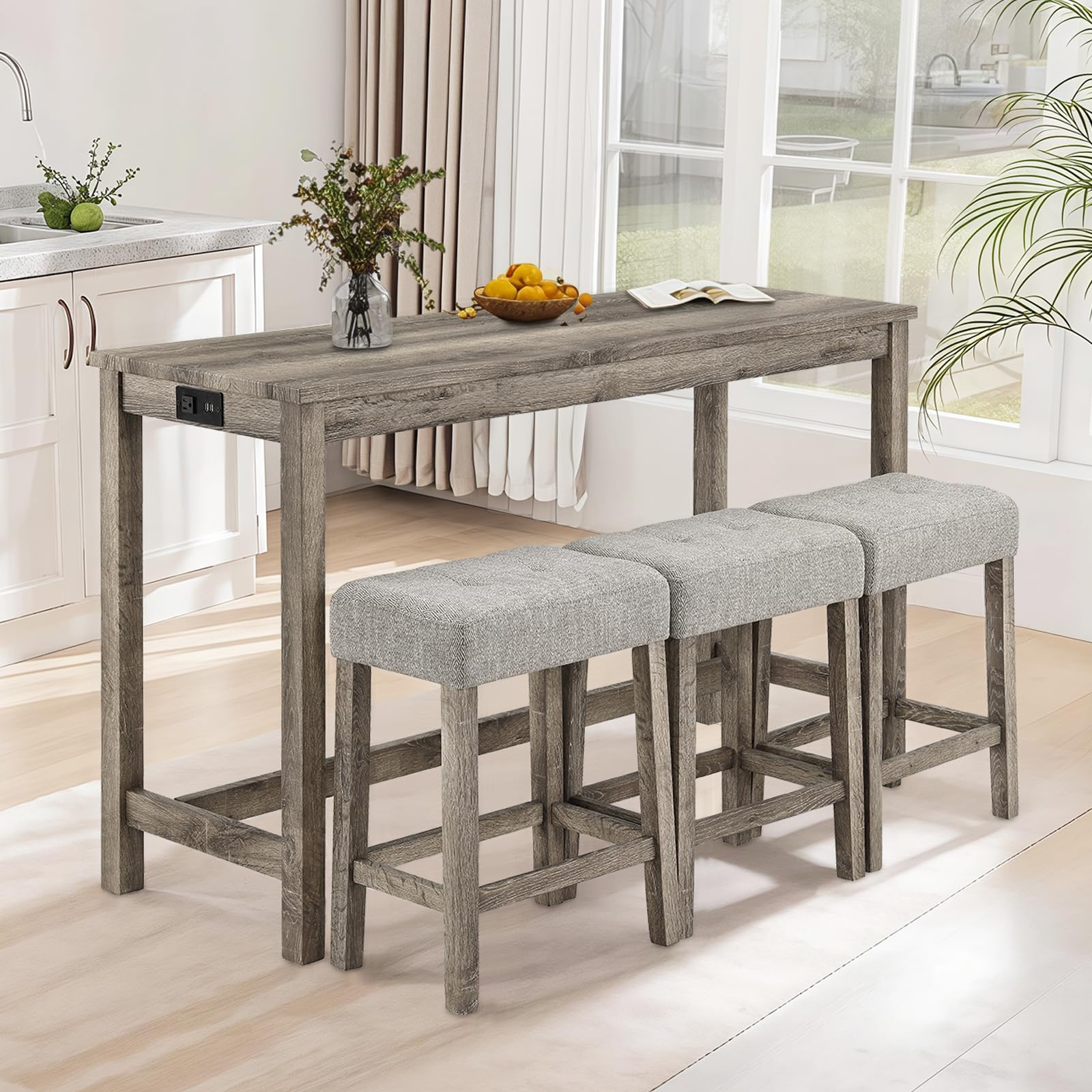 LKTART 4 Piece Bar Table Set Dining Bar Table and Chairs Set with Power Outlet Industrial Breakfast Table with 3 Padded Stools Rustic Bar Kitchen