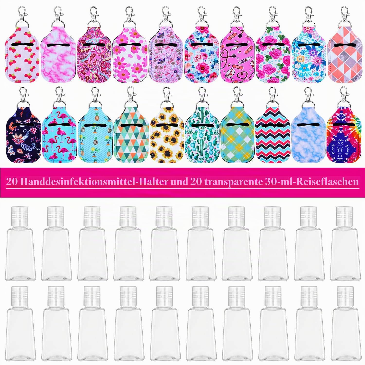Shynek Händedesinfektionsmittel Halter, 40 Leere Flaschen und Schlüsselanhänger Halter Set enthält 20 Wiederverwendbare Flaschen, Schlüsselanhänger Träger für Händedesinfektionsmittel