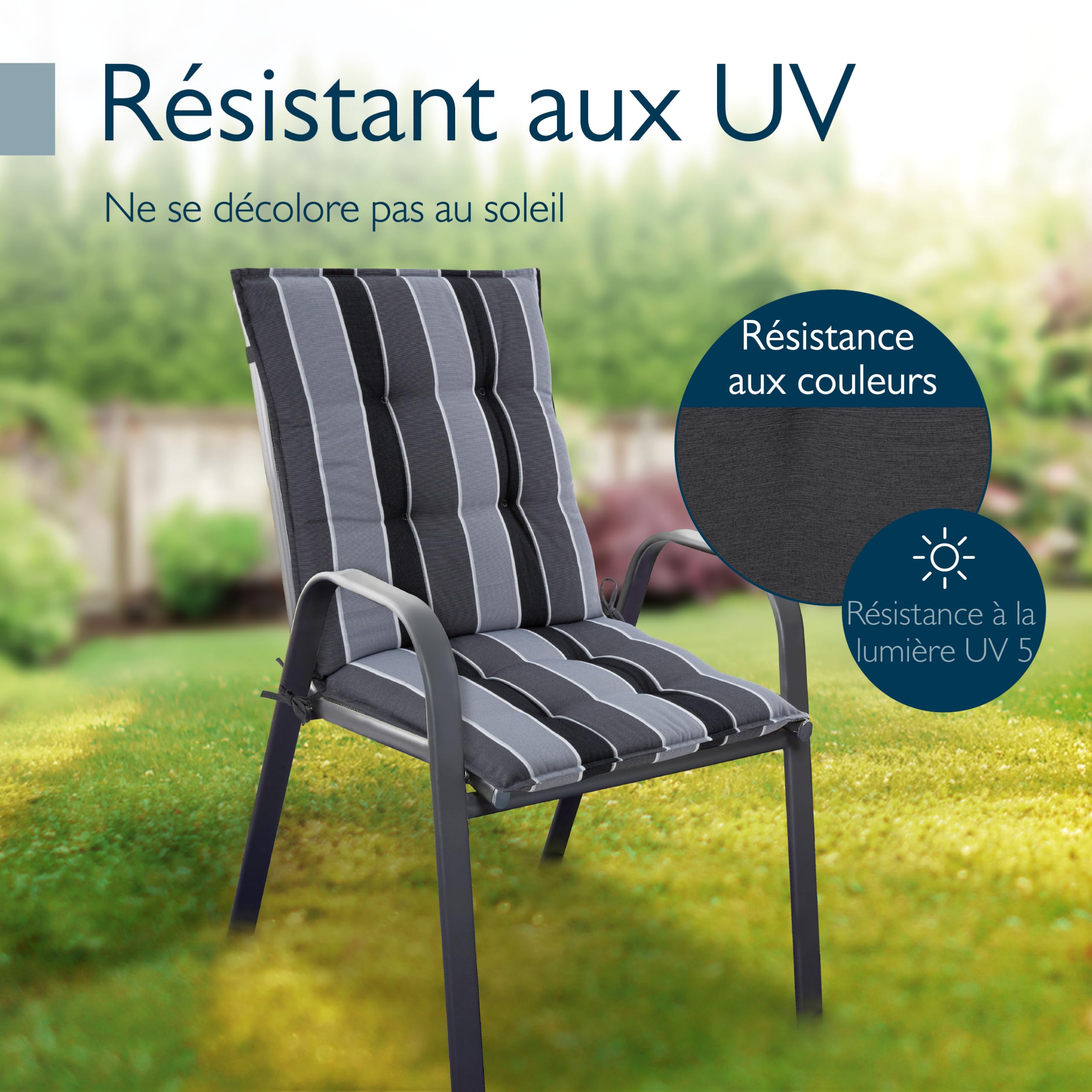 Beautissu 8X Premium Coussin Chaise Jardin Dossier Bas 100x50 cm Sun-NL – 8 cm Épaisseur Tissu Robuste Antidérapant & Résistance aux UV – Coussin Fauteuil avec Sangles Fixation Anthracite Rayé