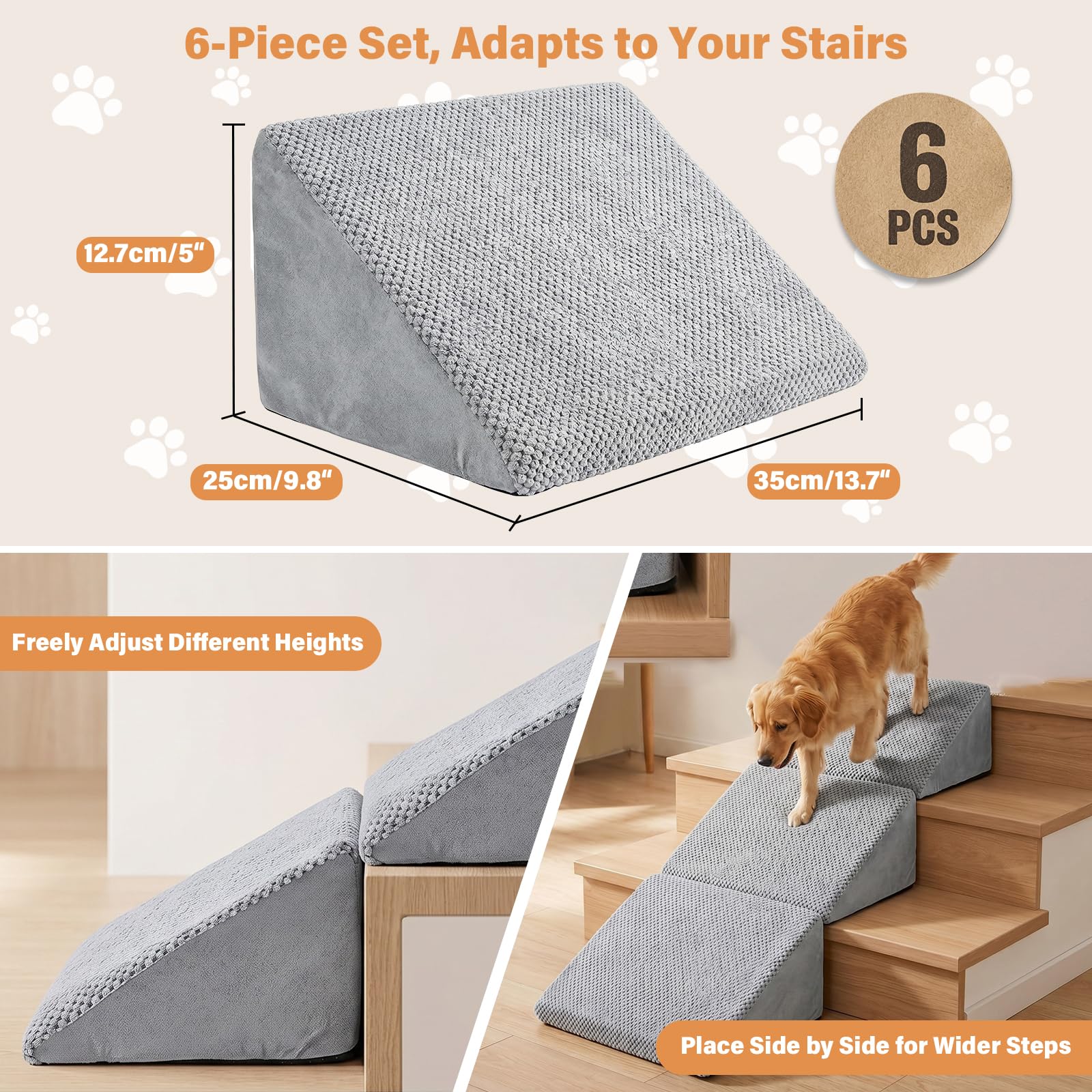 Scaletta per cani di piccola taglia, con rivestimento lavabile | Scaletta per animali domestici in schiuma 40D, per cani e gatti anziani, 6 pezzi, rivestimento antiscivolo e lavabile