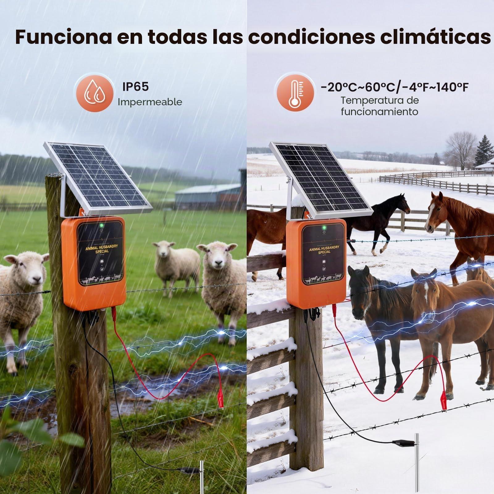Electrificador de Cerca Solar 10km, 1.2J 12kV Cargador de Cerca Recargable con Panel Solar & Adaptador AC, IP65 Impermeable para Ganado, Granja, Pastizal, Aves de Corral