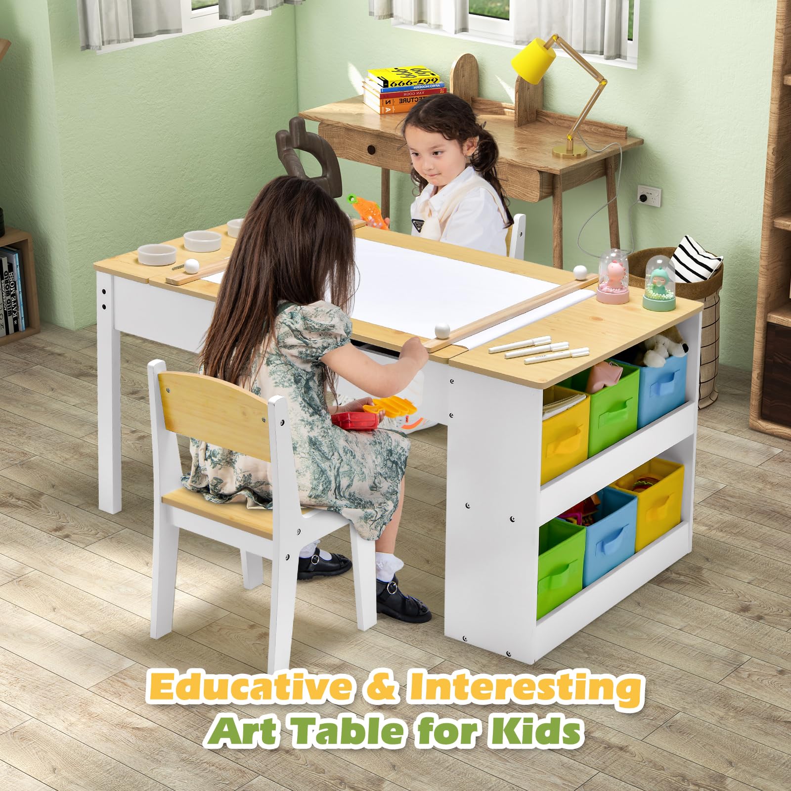 RELAX4LIFE Mesa Infantil con 2 Sillas, Mesa y Silla Infantil de Madera para Niños con Encimera Elevable, 2 Espacio Interior, 6 Cajones de Tela, 4 Tazas para Pintar y Rollo de Papel (Natural)