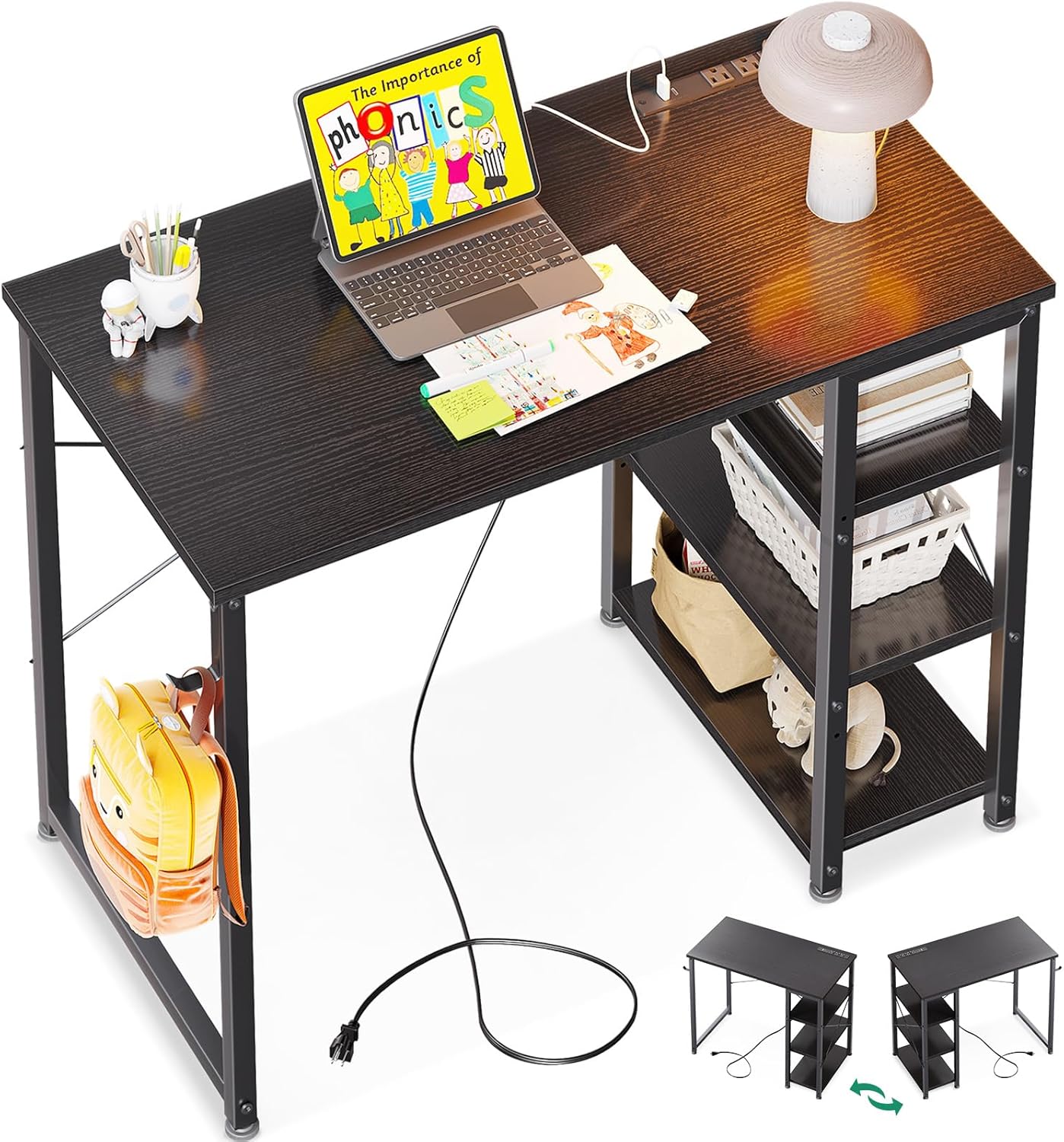 AODK Laptop Desk Small Desk, 32 Inch Computer Desk with Power Outlet and USB & Type-C Charging Port, Writing Desk with 3-Tier Reversible Storage Shelf for Home Office, 32'' x 16'', Black