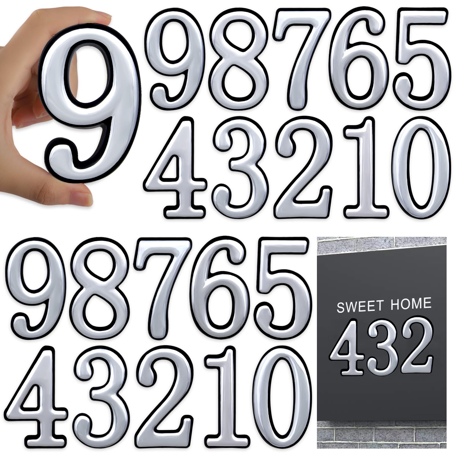 opasyo 20 Pieces Mailbox Numbers for Outside 3.8 inch 0-9 Self-Adhesive Mail Box Numbers,3D Gold House Numbers for Mailbox, Apartment, House, Trash Bins,Office Hotel Room (Silver, 3.8inch)