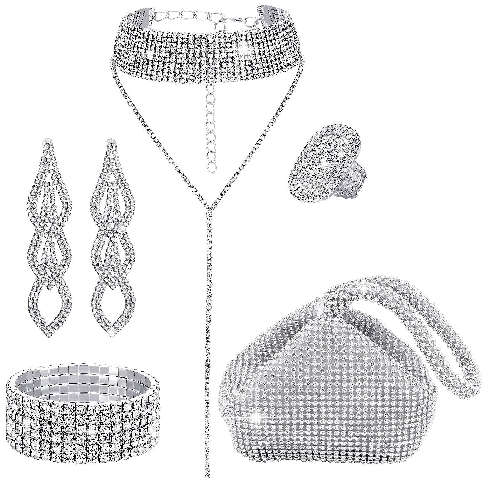 Women Rhinestone Jewelry Set Crystal Choker and Earring Set Bridal Wedding Bling Necklace Multilayer Bracelet Earring Bling Glitter Purse Ring Costume Jewelry (Silver Color)
